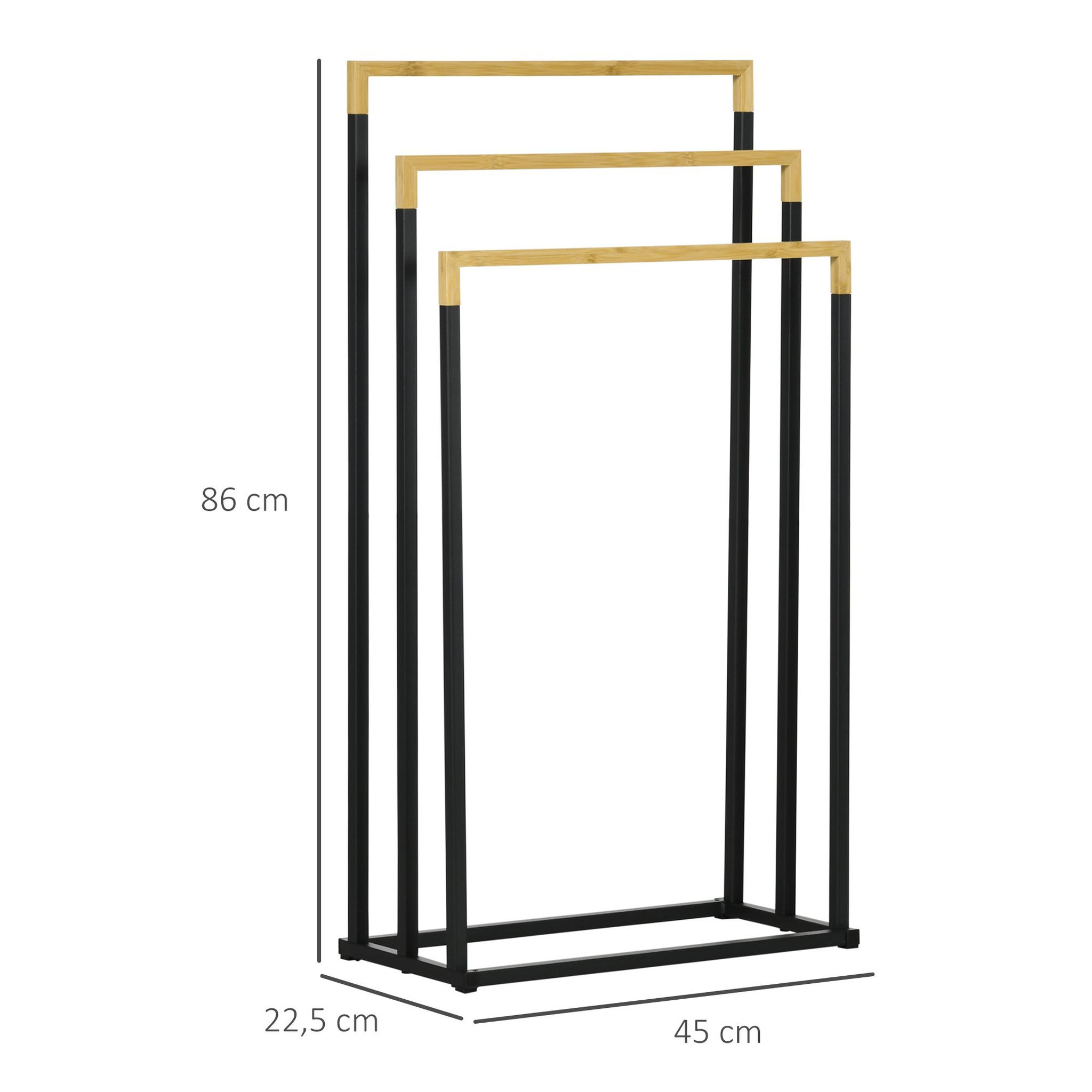 Voir la diapositive 3 : KLEANKIN Porte-serviette autoportant 3 barres - dim. 45l x 22l x 86h cm - bois bambou acier noir