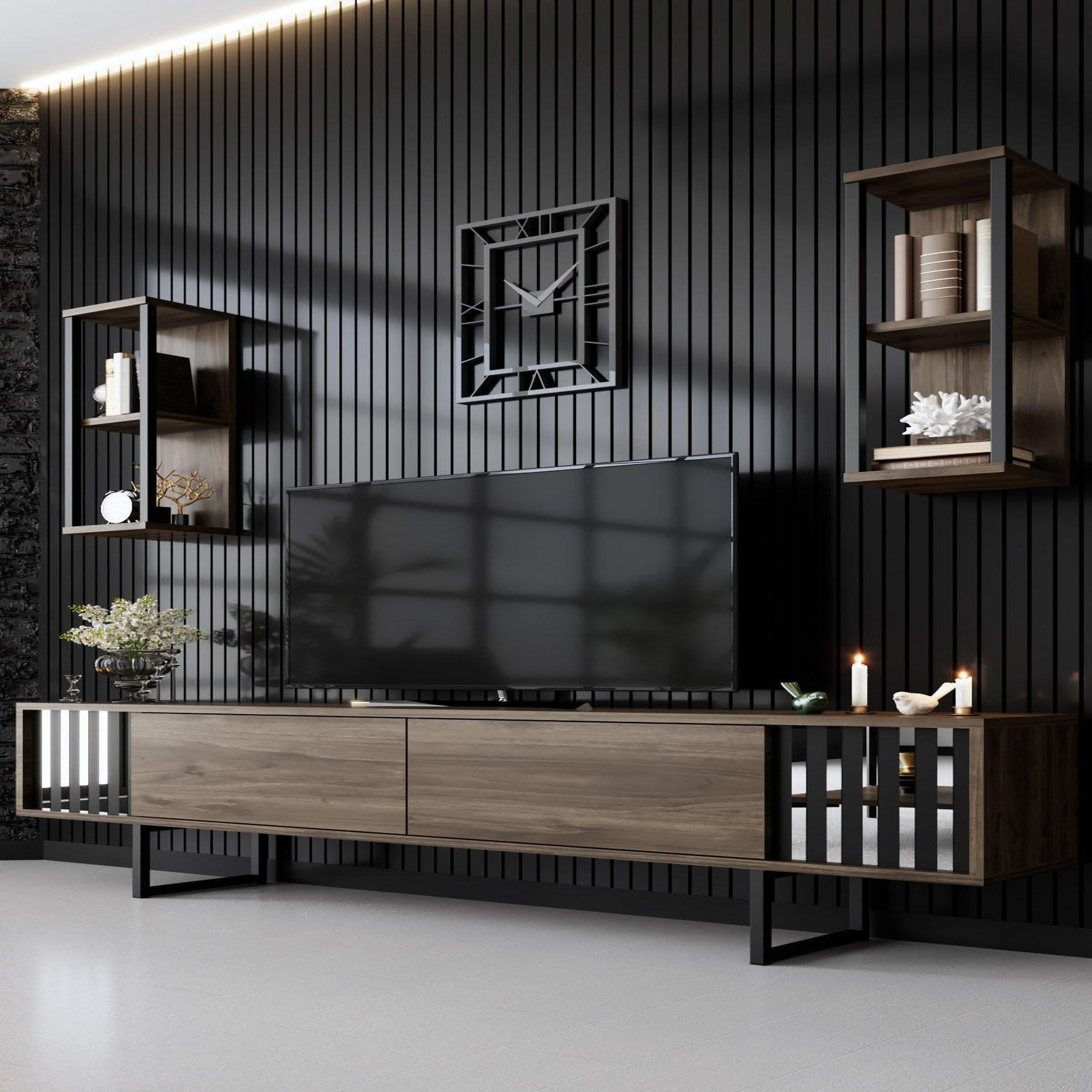 Voir la diapositive 2 : Habitat et Jardin Meuble tv en bois  chrome line  - 180 x 30 x 48 cm - noyernoir