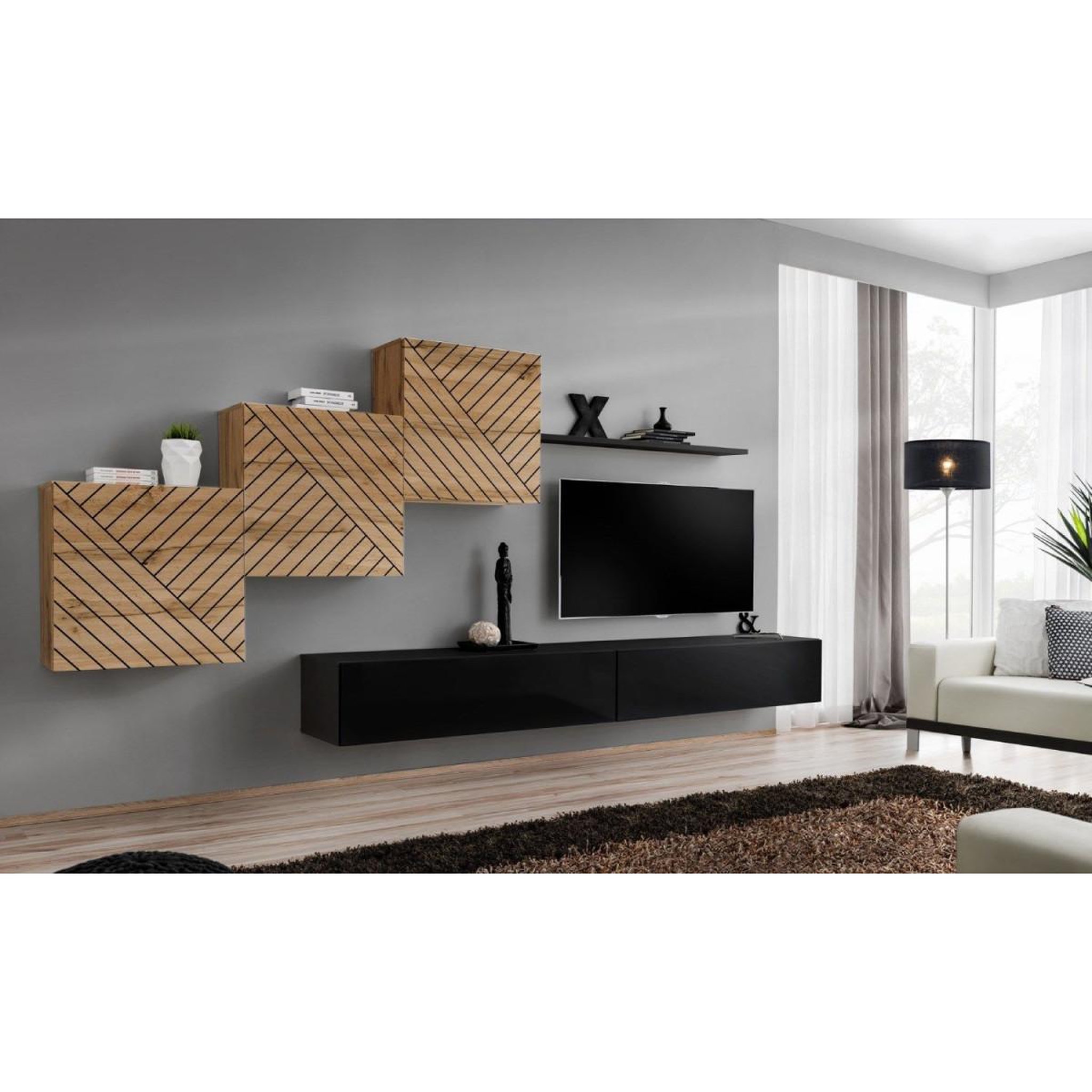 Voir la diapositive 2 : Paris Prix Ensemble meuble tv  switch lamel x  330cm noir & naturel
