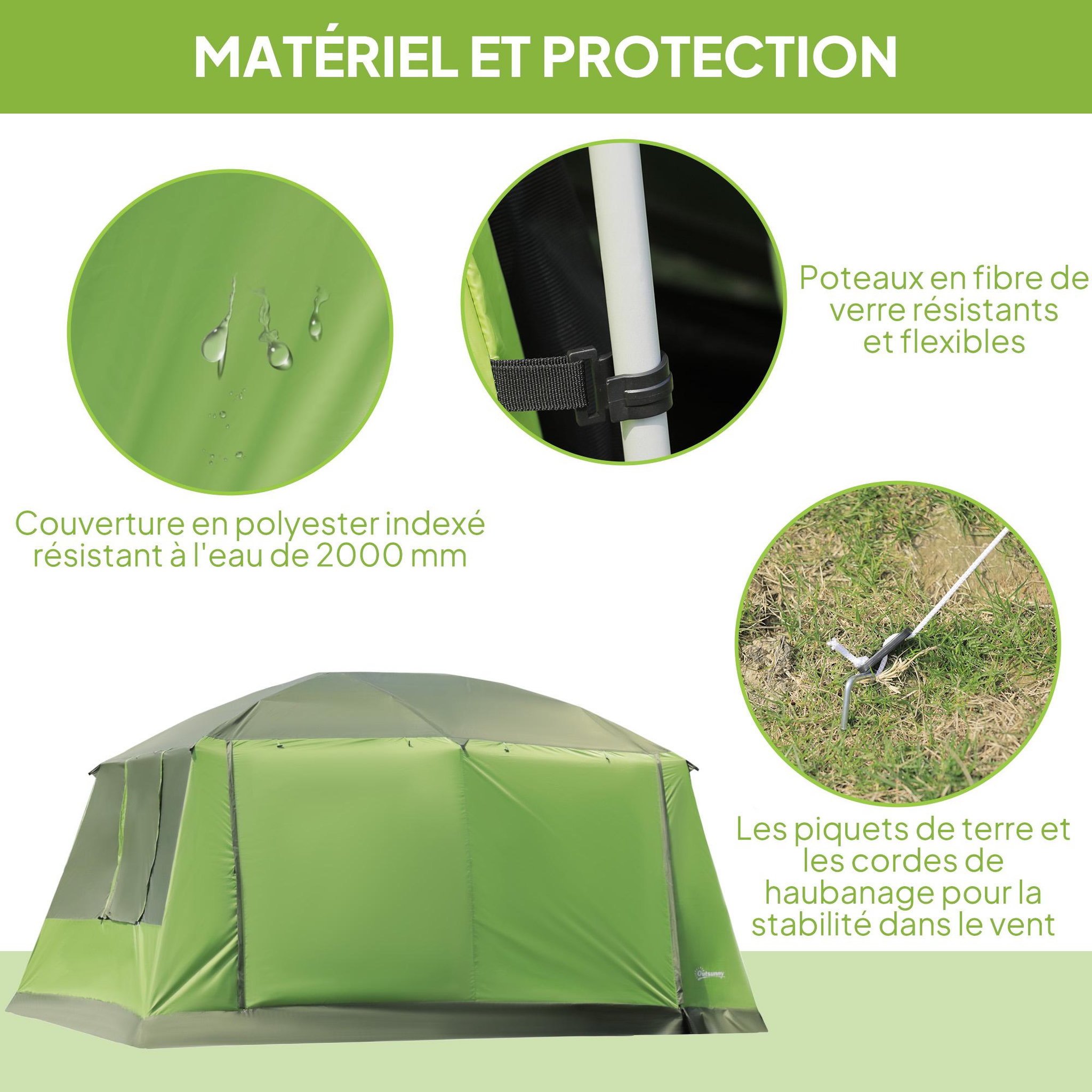 Voir la diapositive 5 : OUTSUNNY Tente de camping familiale avec porche 4 à 8 personnes sac de transport inclus vert