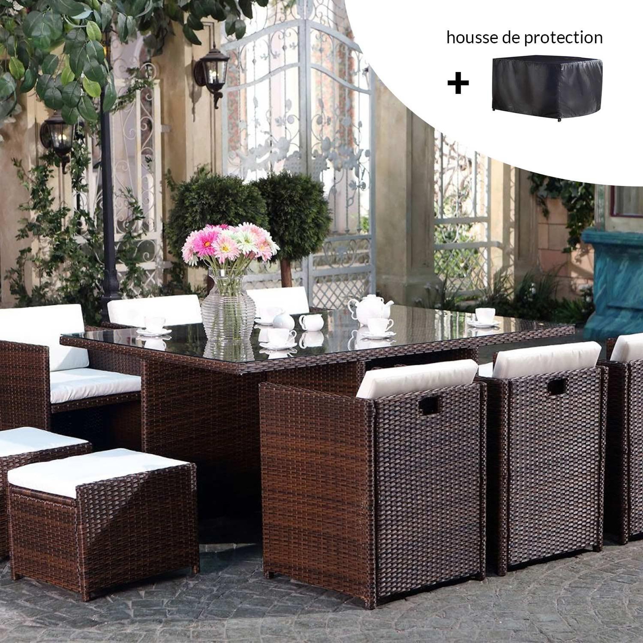 Voir la diapositive 2 : CONCEPT USINE Salon de jardin 10 places marron-blanc + housse de protection miami