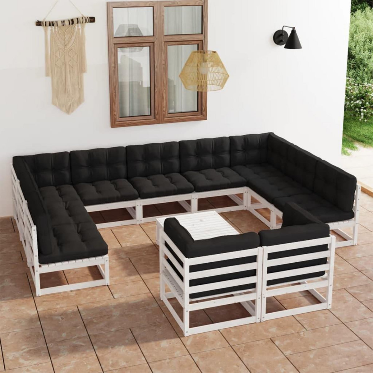 VIDAXL Salon de jardin 12 pcs avec coussins Blanc Bois de pin massif