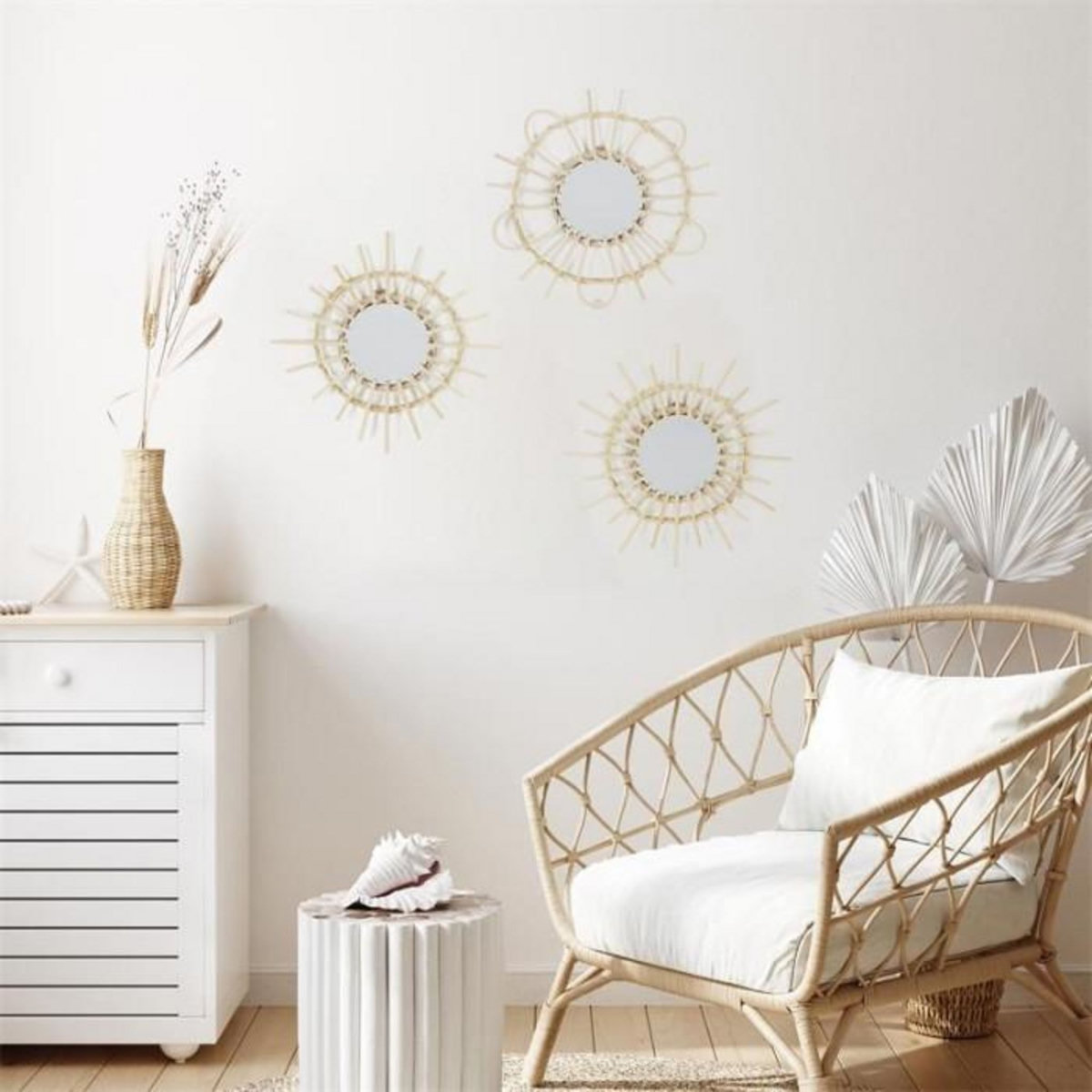 Paris Prix Lot de 3 Miroirs en Rotin  Fixation Mur  28cm Naturel