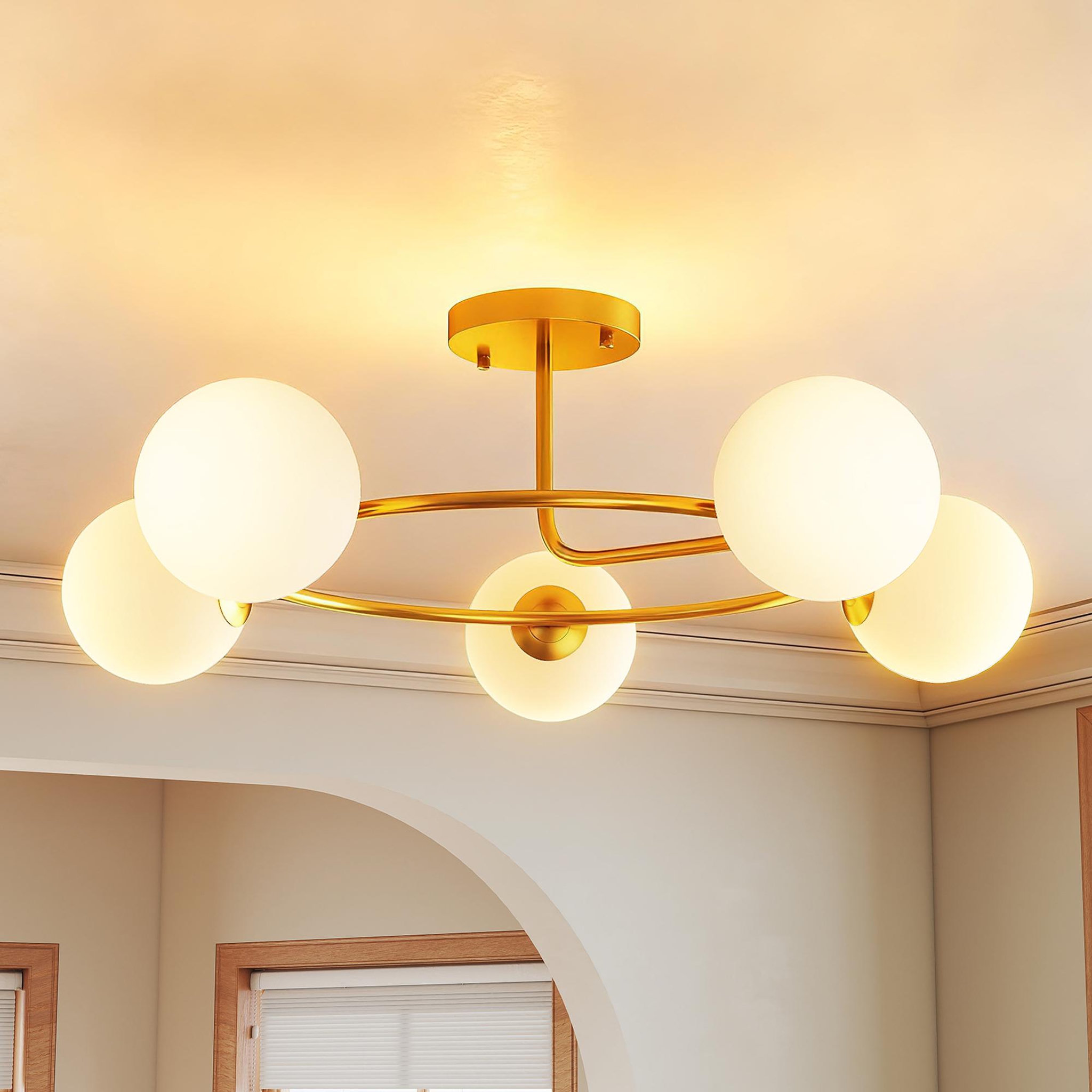 Voir la diapositive 2 : HOMCOM Plafonnier design néo-rétro 5 globes verre blanc opaque max. 20W métal doré