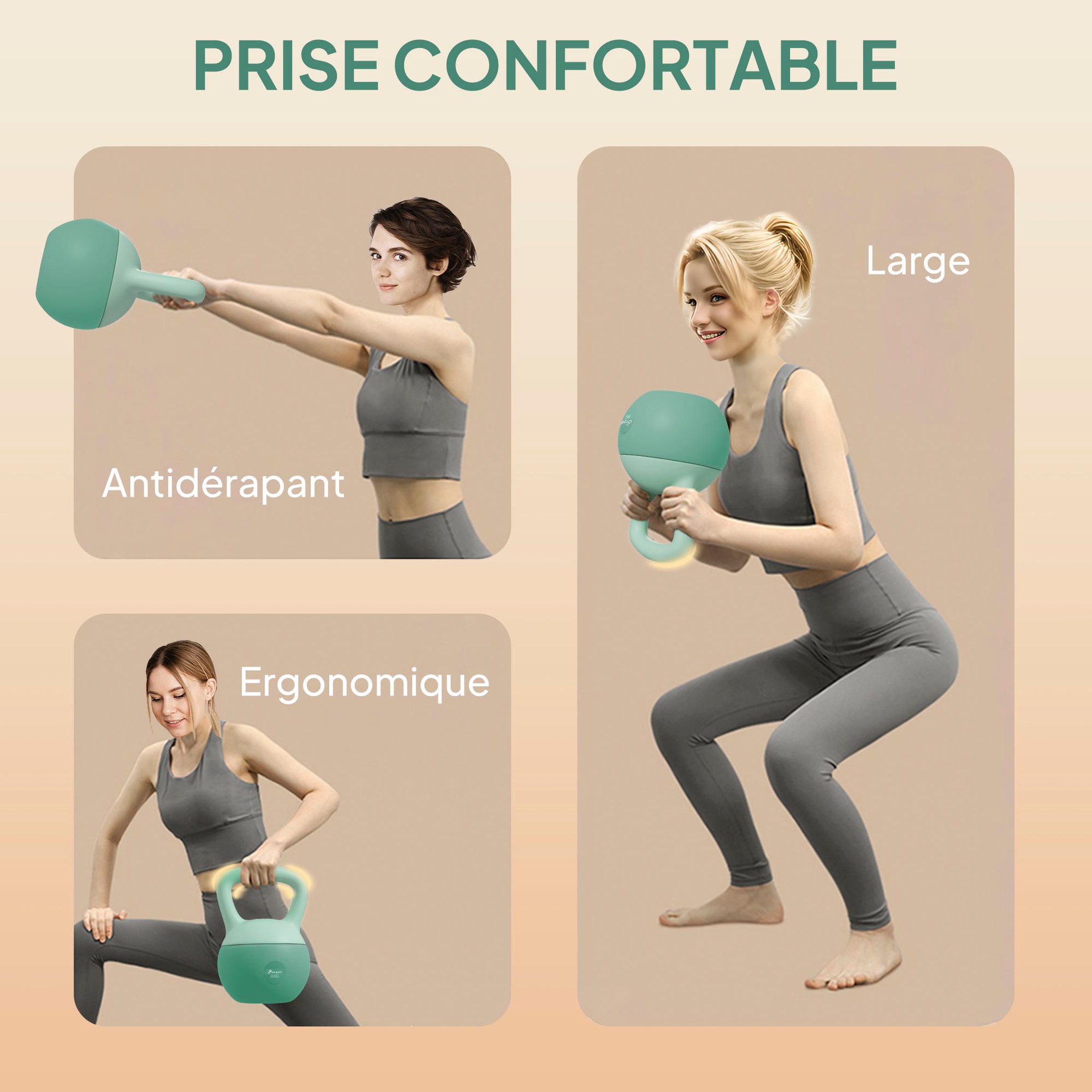 Voir la diapositive 5 : HOMCOM Kettlebell 8kg - haltère avec poignée antidérapante pour fitness musculation cardio, vert
