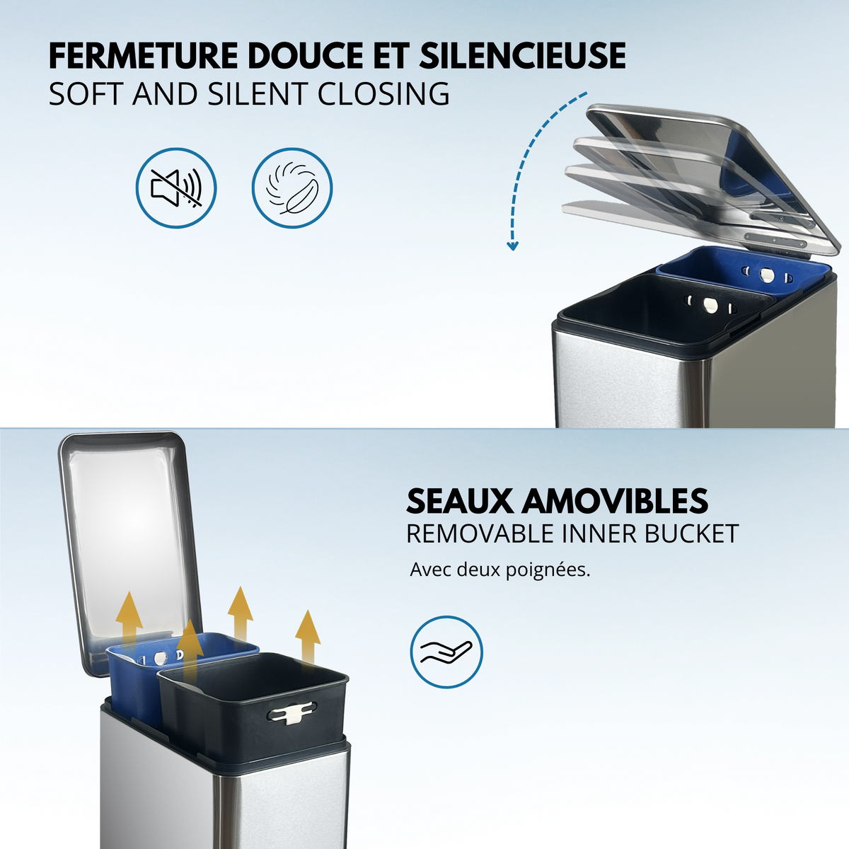 Kitchen move Poubelle de cuisine tri sélectif EDGE Argent Acier inoxydable 50L