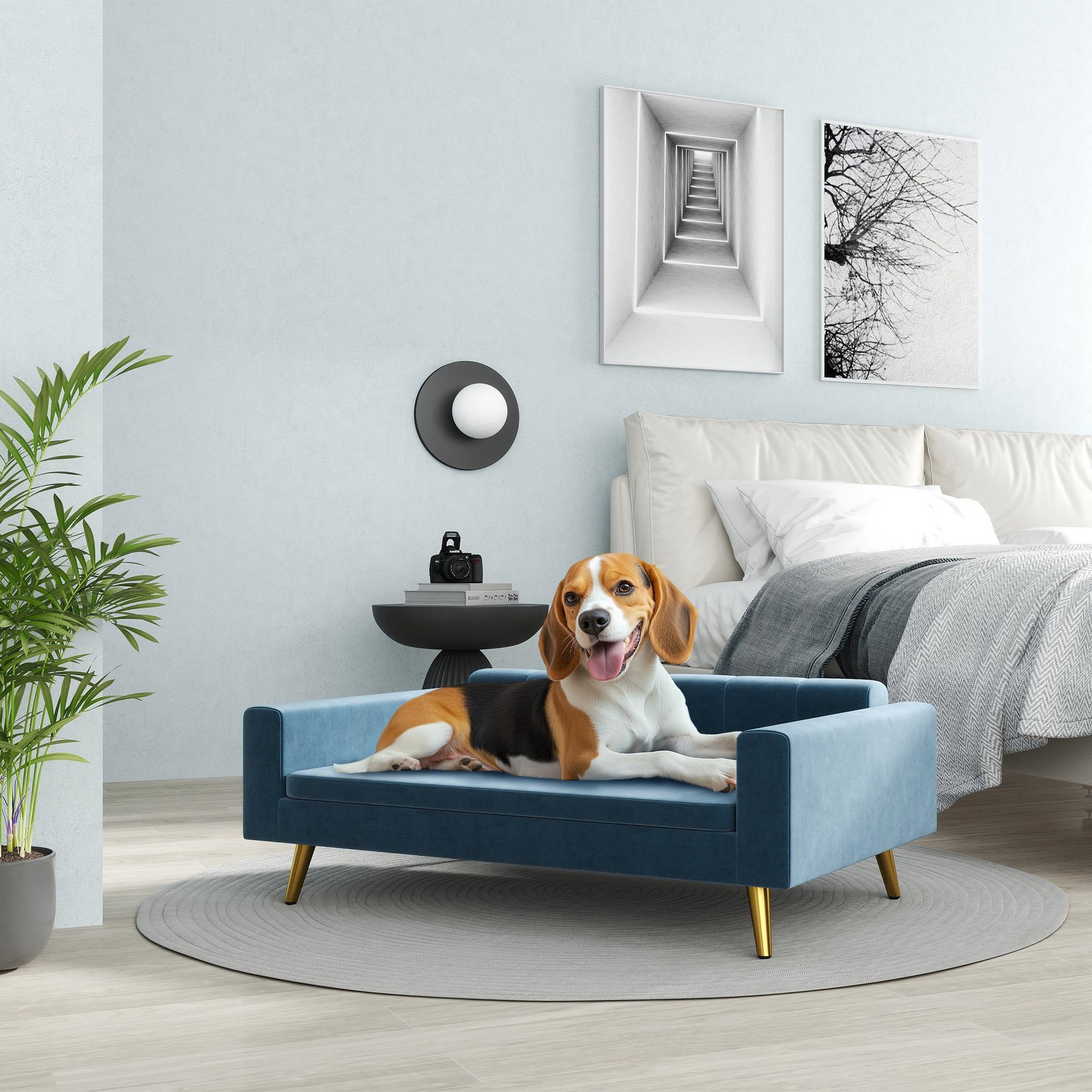 Voir la diapositive 2 : PAWHUT Canapé chien style art déco - dim. 94L x 59l x 31H cm - coussin amovible déhoussable - acier doré velours bleu