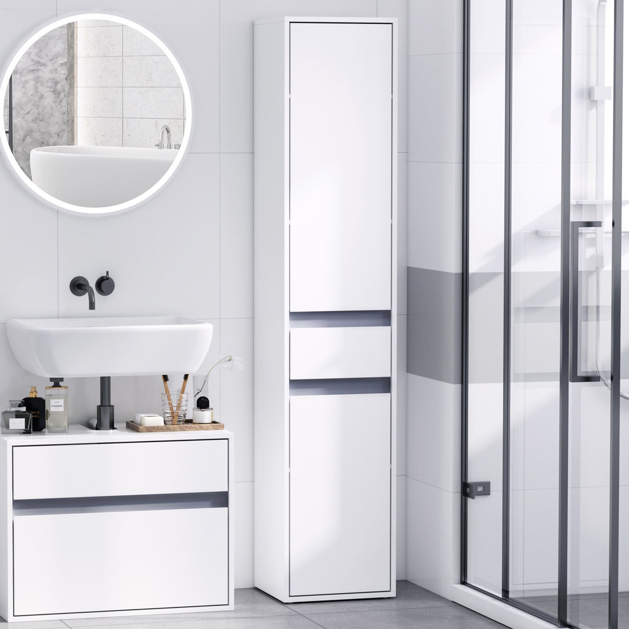 Voir la diapositive 2 : HOMCOM Meuble colonne rangement salle de bain style contemporain 2 placards 3 étagères et tiroir coulissant panneaux particules blanc