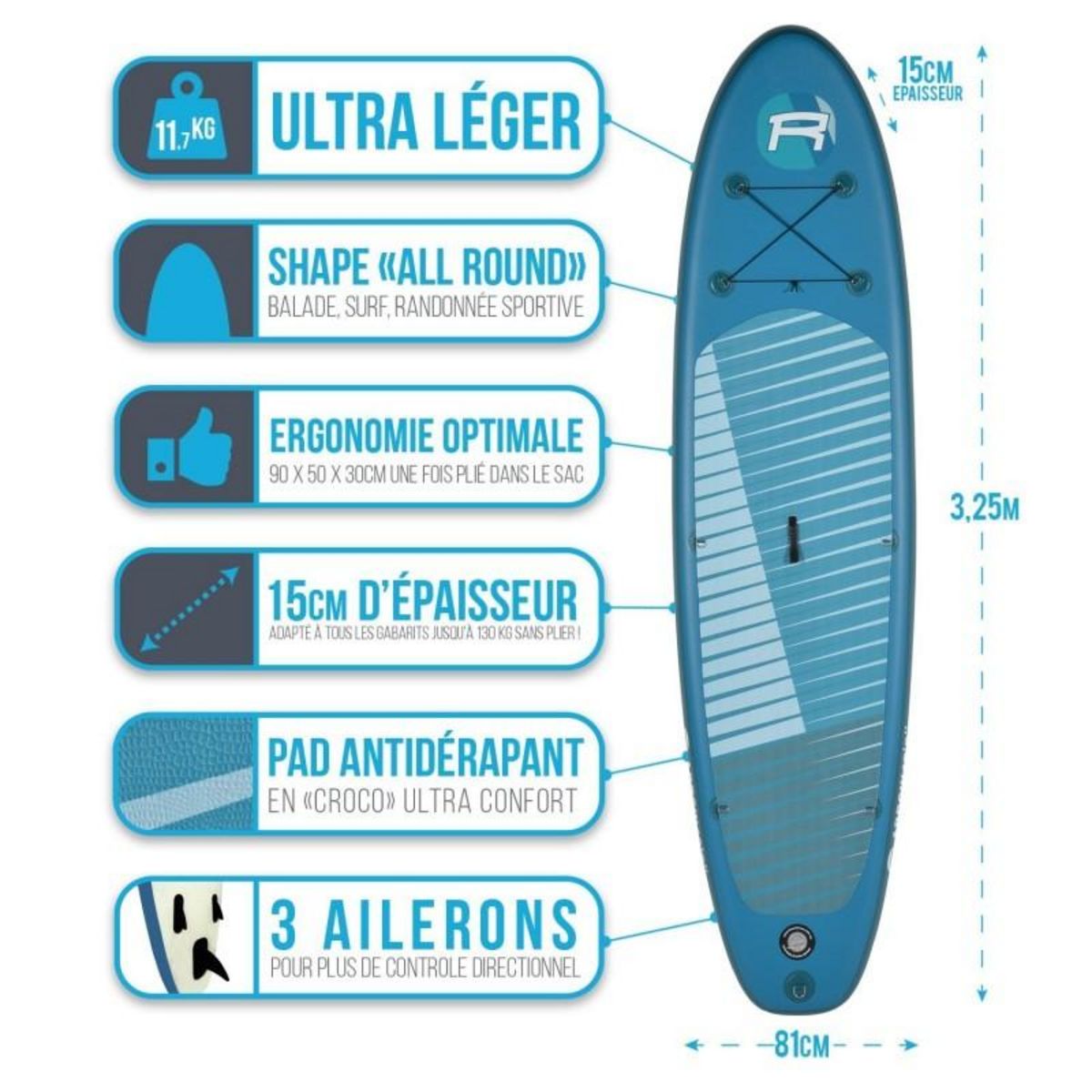 ROHE Stand Up Paddle gonflable ARROW ROHE 10'8'' (325cm) 32'' (81cm) 6'' (15cm) avec Pompe, Pagaie, Leash et Sac de transport