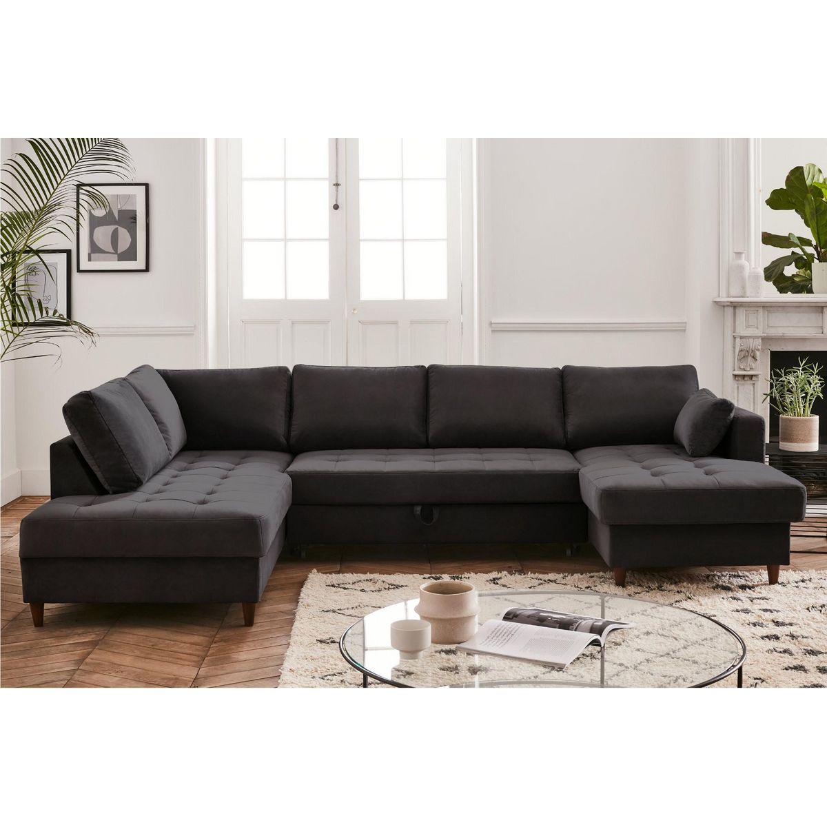 LISA DESIGN Anna - canapé panoramique d'angle gauche - 7 places - convertible avec coffre - en velours