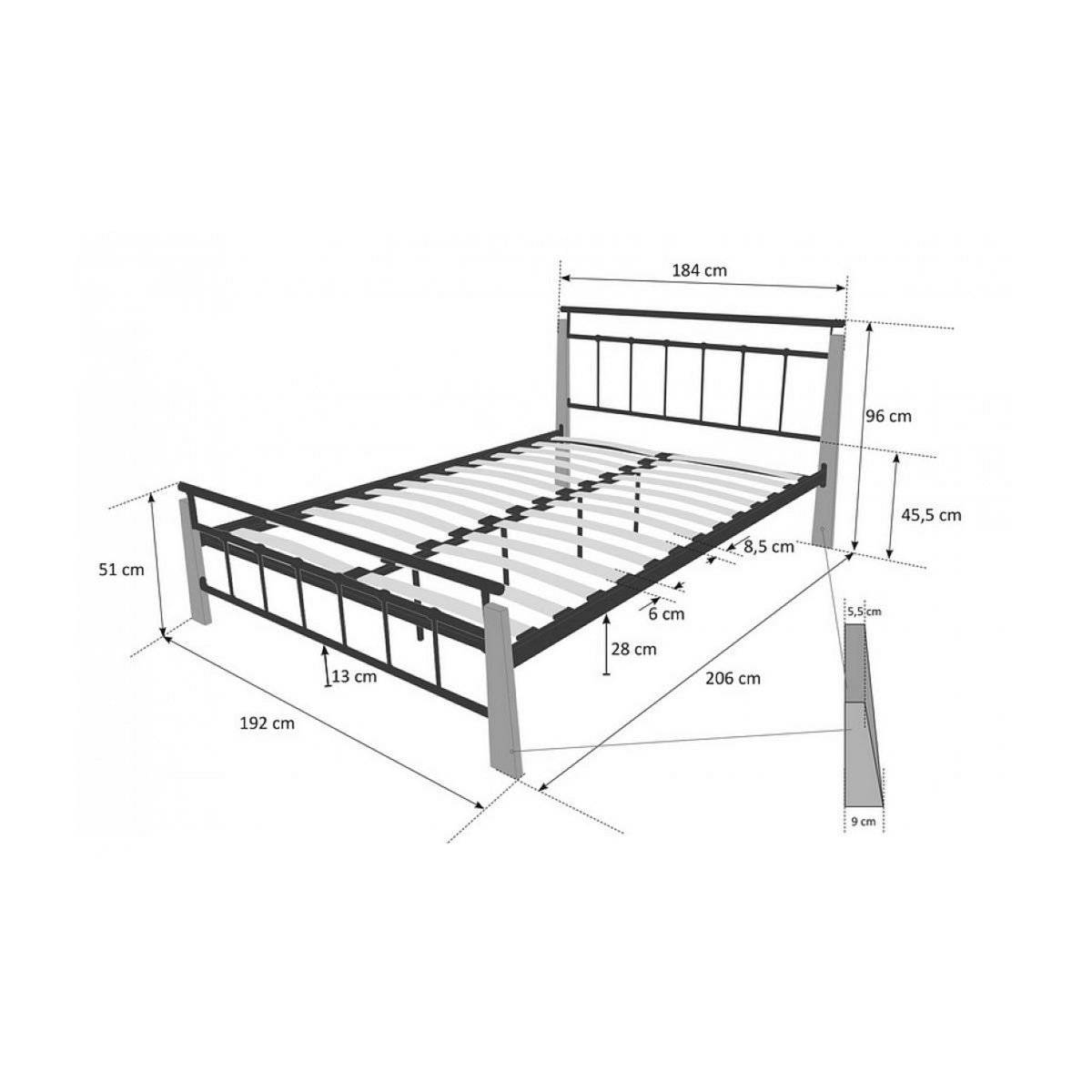 HomeStyle4U Design metal lit double 180 x 200 cadre de lit lattes bois neuf