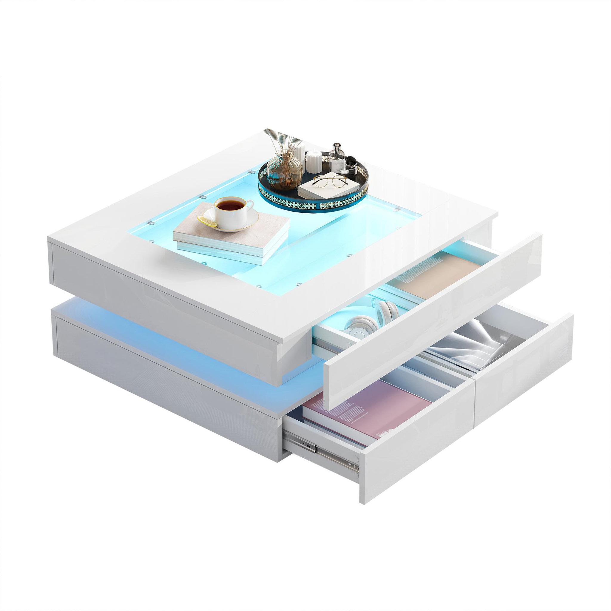 MERAX Table basse carrée blanc avec 3 tiroirs - 70x70 cm led panneau de particules