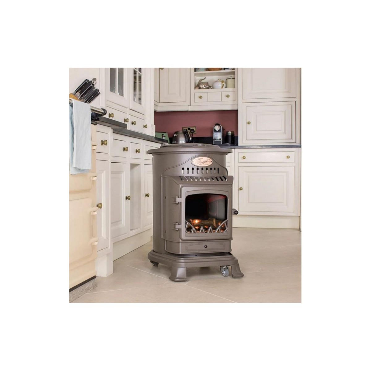 UNIVERSAL Poele à gaz 3,4KW Fonte véritable Provence Marron miel + Tuyau gaz + Detendeur gaz butane UNIVERSAL