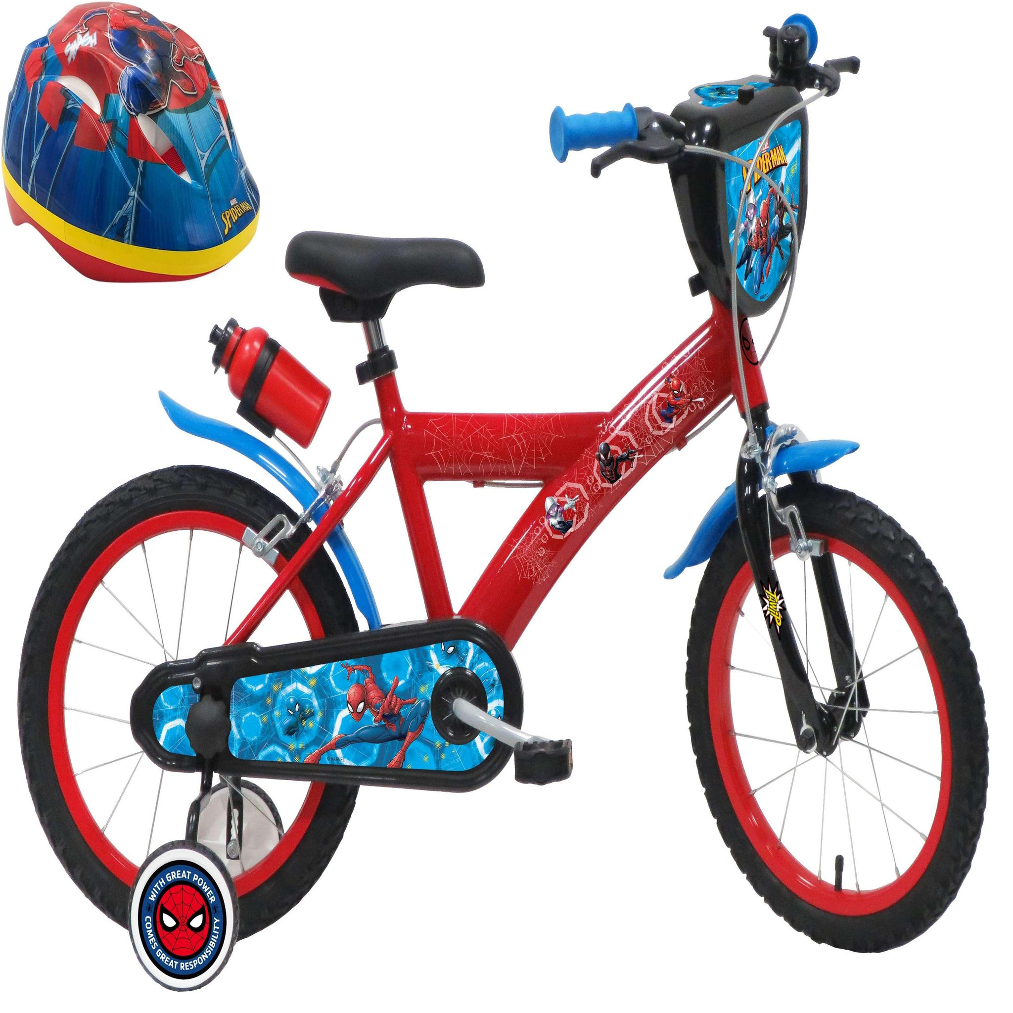 Voir la diapositive 1 : Marvel Vélo enfant - Modèle 16'' Spiderman + Casque pour enfant de 105/120 cm avec stabilisateurs - Plaque décorative avant - Porte bidon - 2 freins