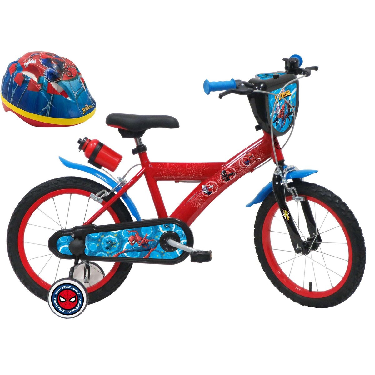 Marvel Vélo enfant - Modèle 16'' Spiderman + Casque pour enfant de 105/120 cm avec stabilisateurs - Plaque décorative avant - Porte bidon - 2 freins