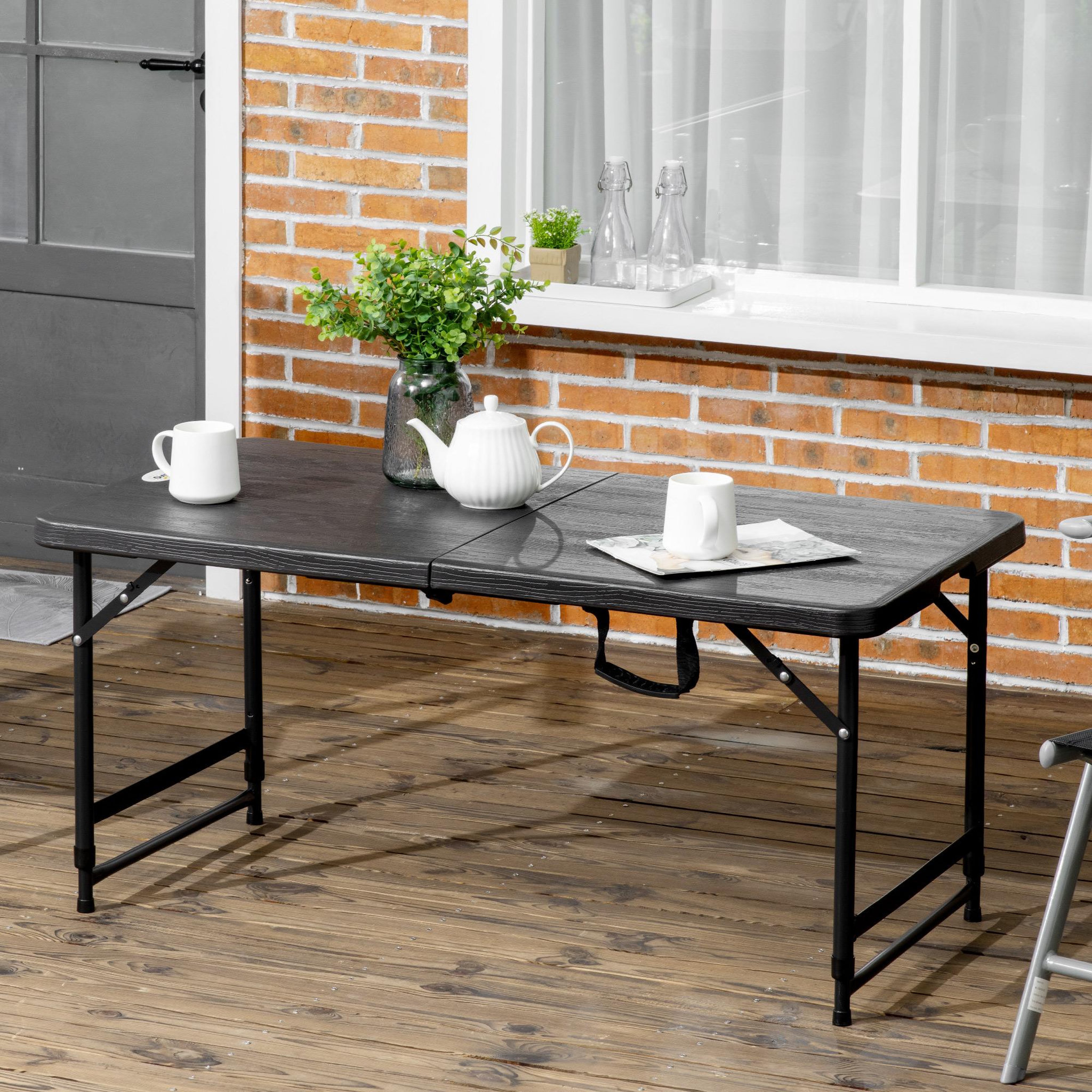 Voir la diapositive 2 : OUTSUNNY Table de jardin pliable 4 personnes table de camping pliable hauteur réglable acier époxy plateau hdpe aspect bois gris