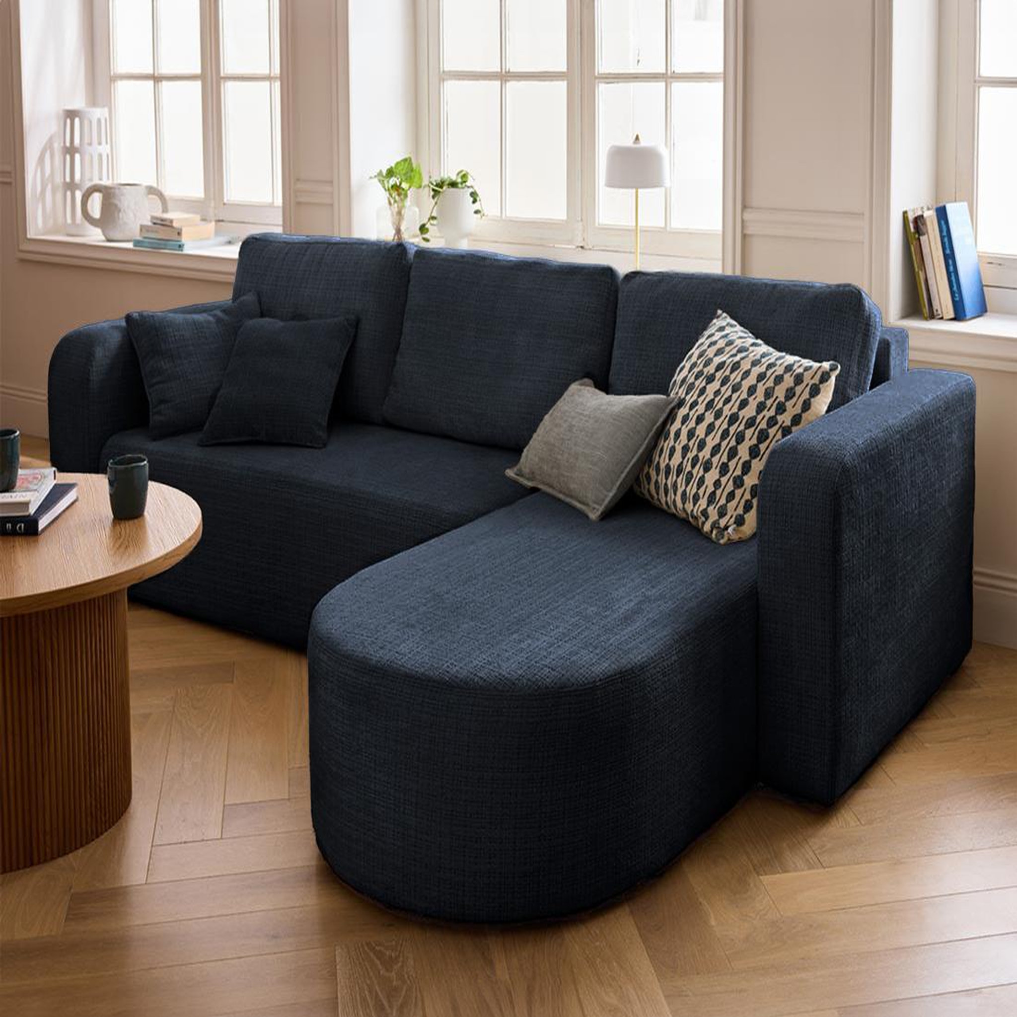 Voir la diapositive 2 : BEST MOBILIER Miro - canapé d'angle réversible - 4 places - convertible avec coffre - en velours texturé