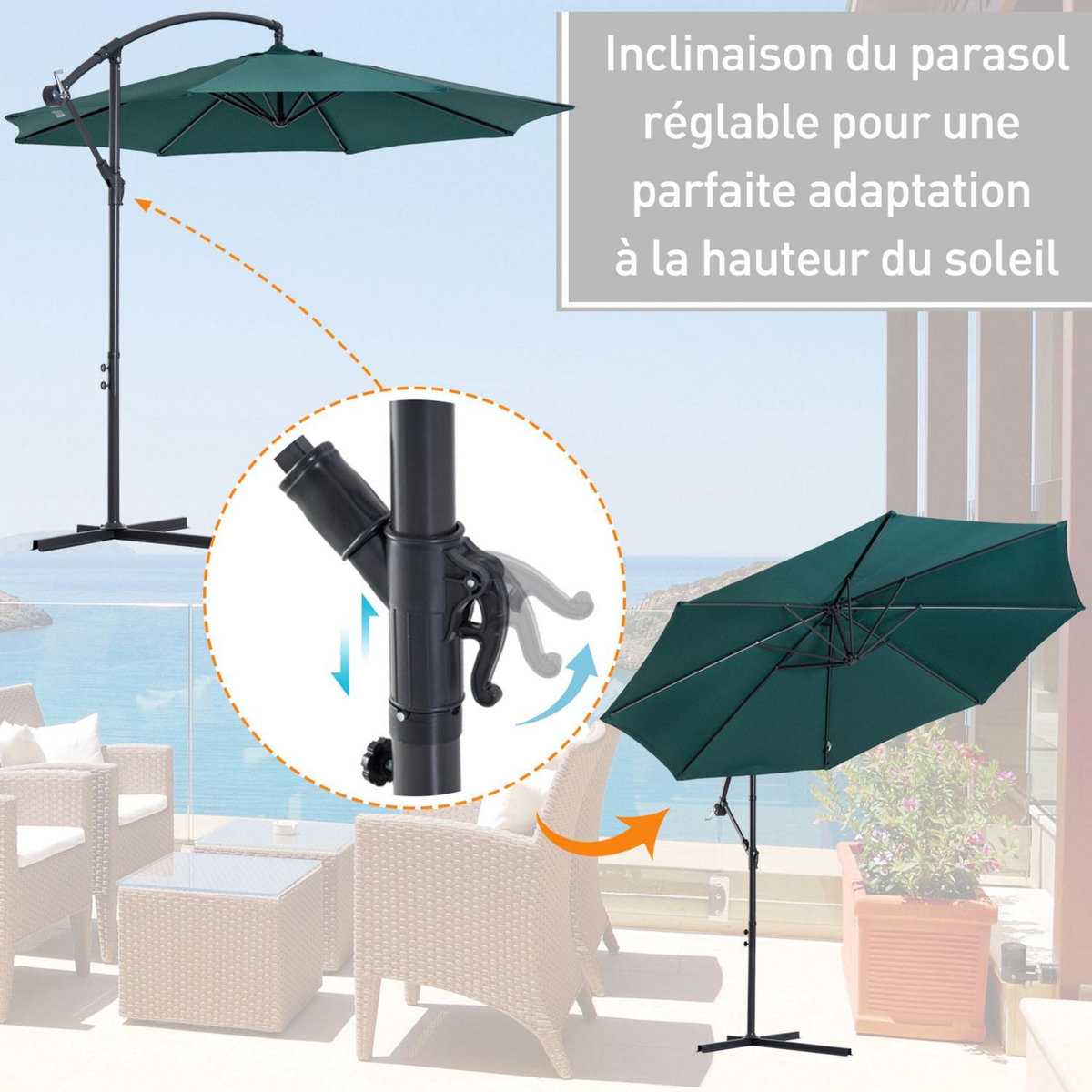 OUTSUNNY Parasol déporté octogonal inclinable manivelle pied acier Ø 3 x 2,5H m vert