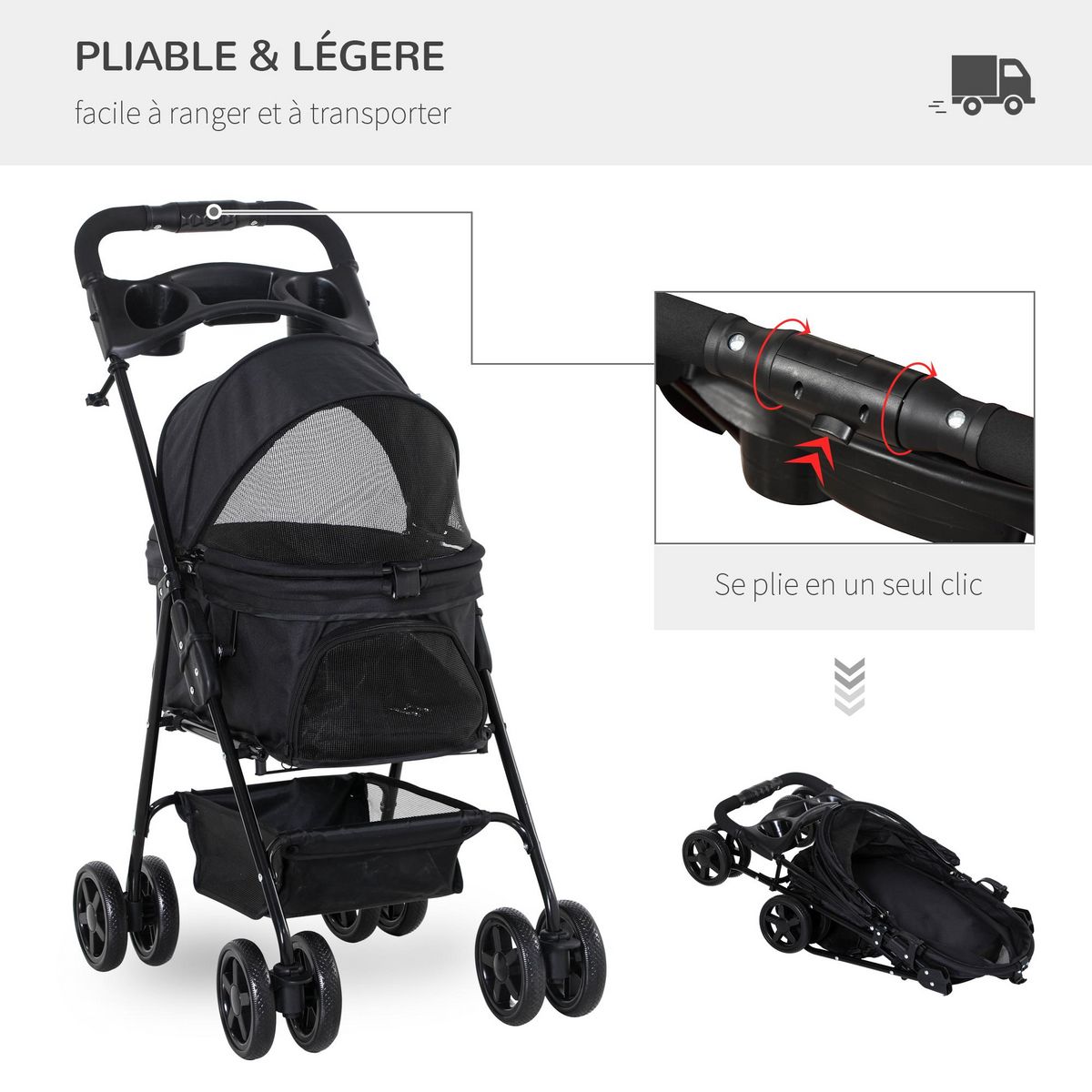 PAWHUT Poussette buggy pliable chien chat panier rangement porte-gobelets tissu 300D Oxford imperméable 4 roues noir