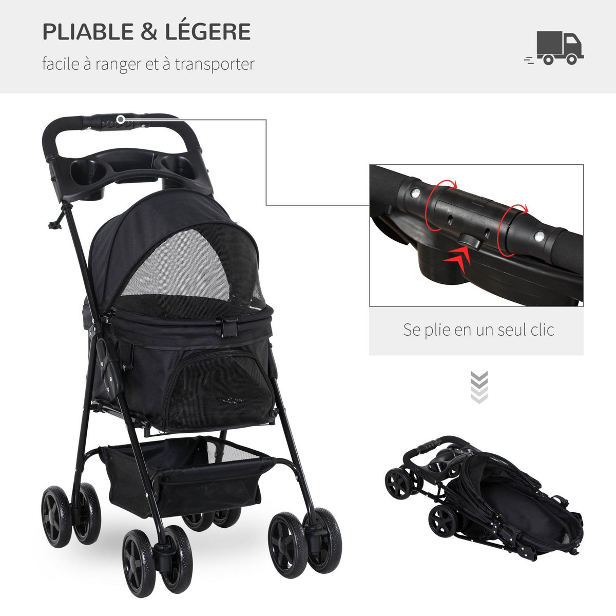 PAWHUT Poussette buggy pliable chien chat panier rangement porte-gobelets tissu 300D Oxford imperméable 4 roues noir