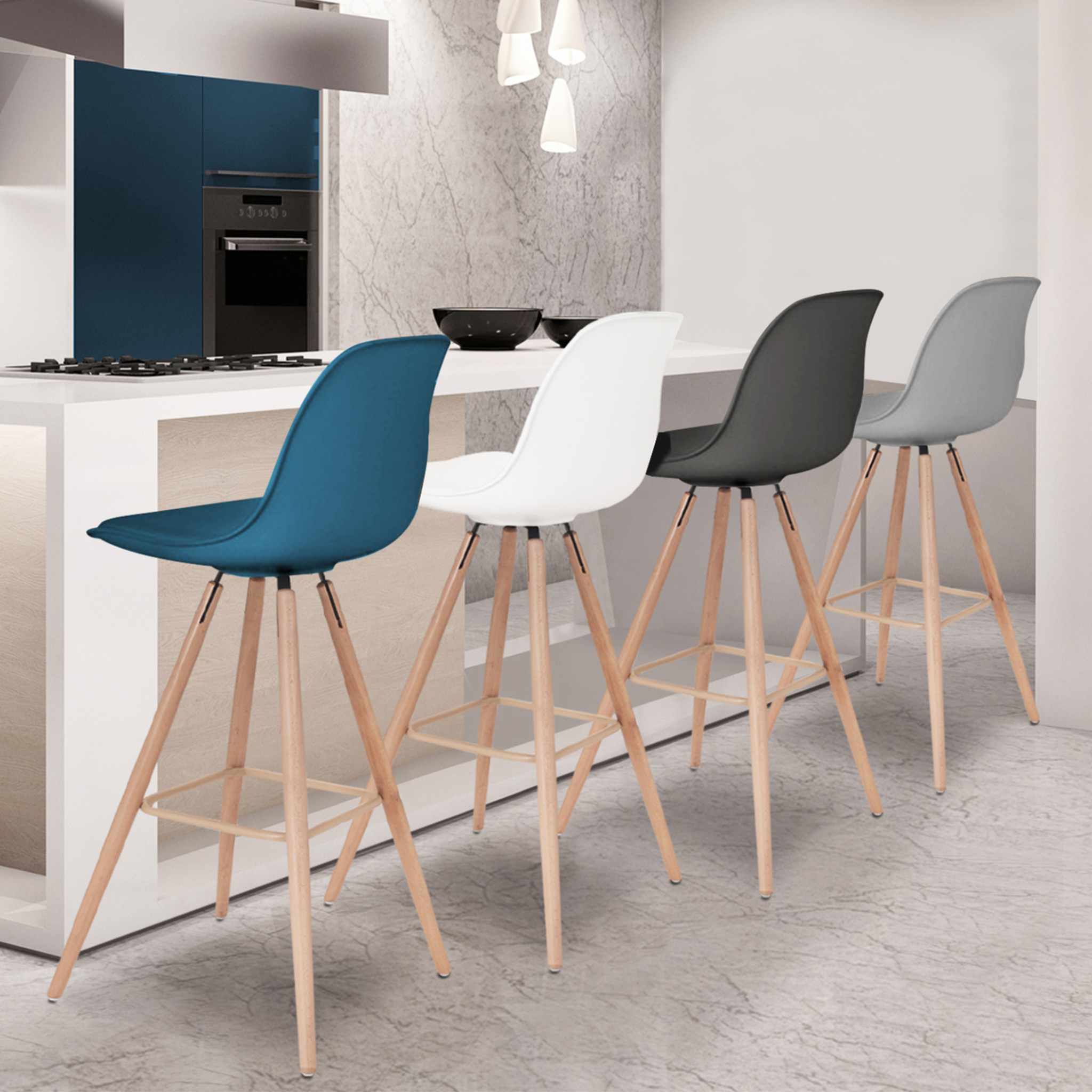 Voir la diapositive 2 : ID MARKET Lot de 4 tabourets de bar sara mix color gris foncé, gris clair, blanc et bleu canard