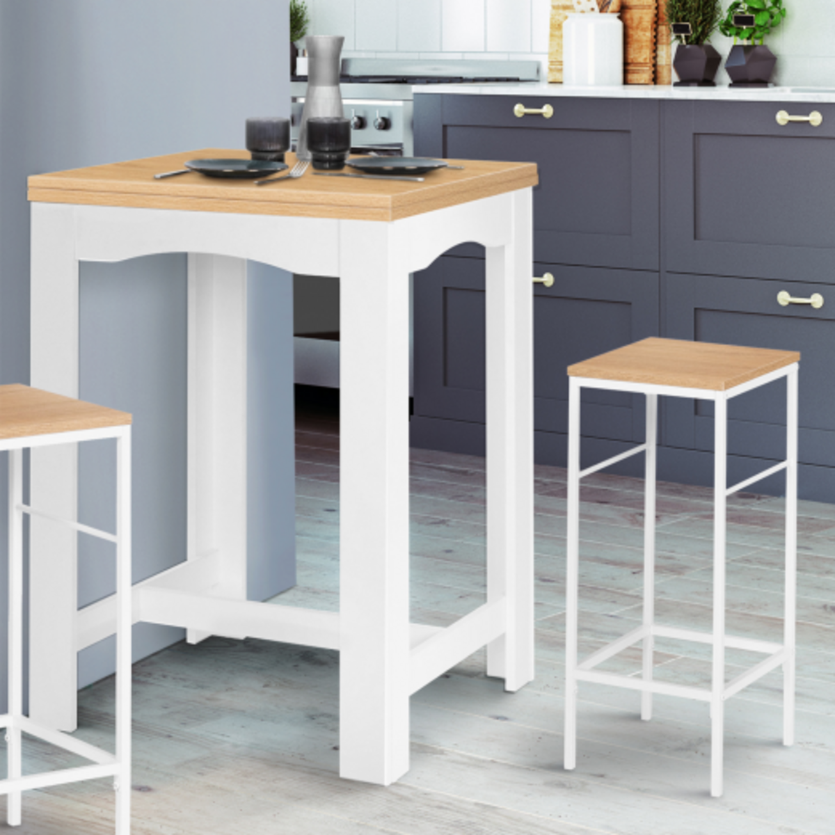 ID MARKET Table haute de bar extensible DONA 2 à 4 personnes blanche plateau façon hêtre 65-130 cm