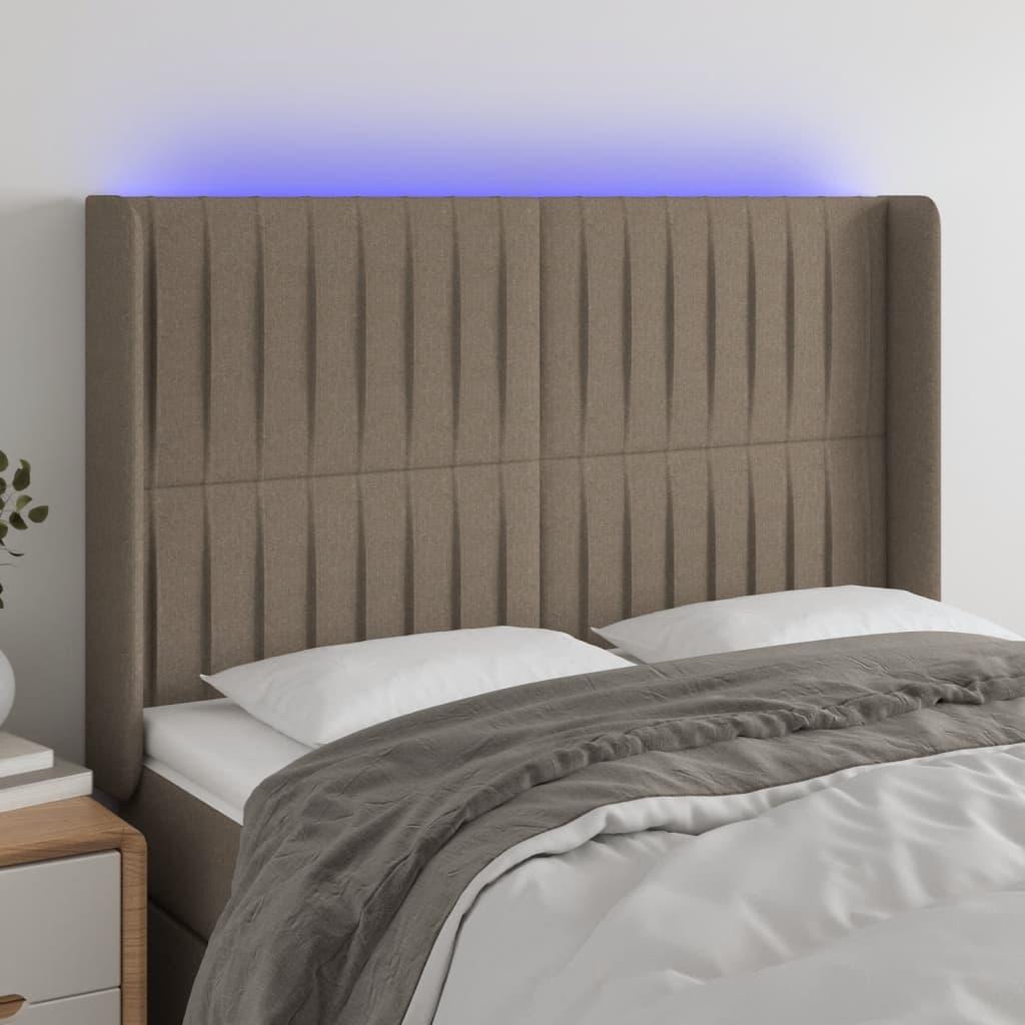 Voir la diapositive 1 : VIDAXL Tete de lit a LED Taupe 147x16x118/128 cm Tissu