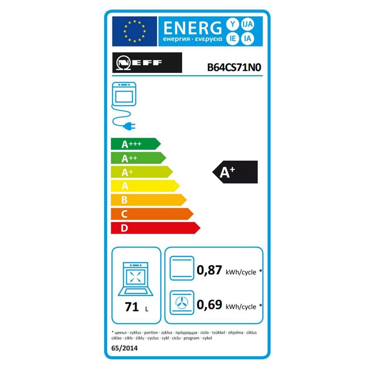 Neff Four intégrable multifonction 71l 60cm a+ pyrolyse noir - B64CS71N0