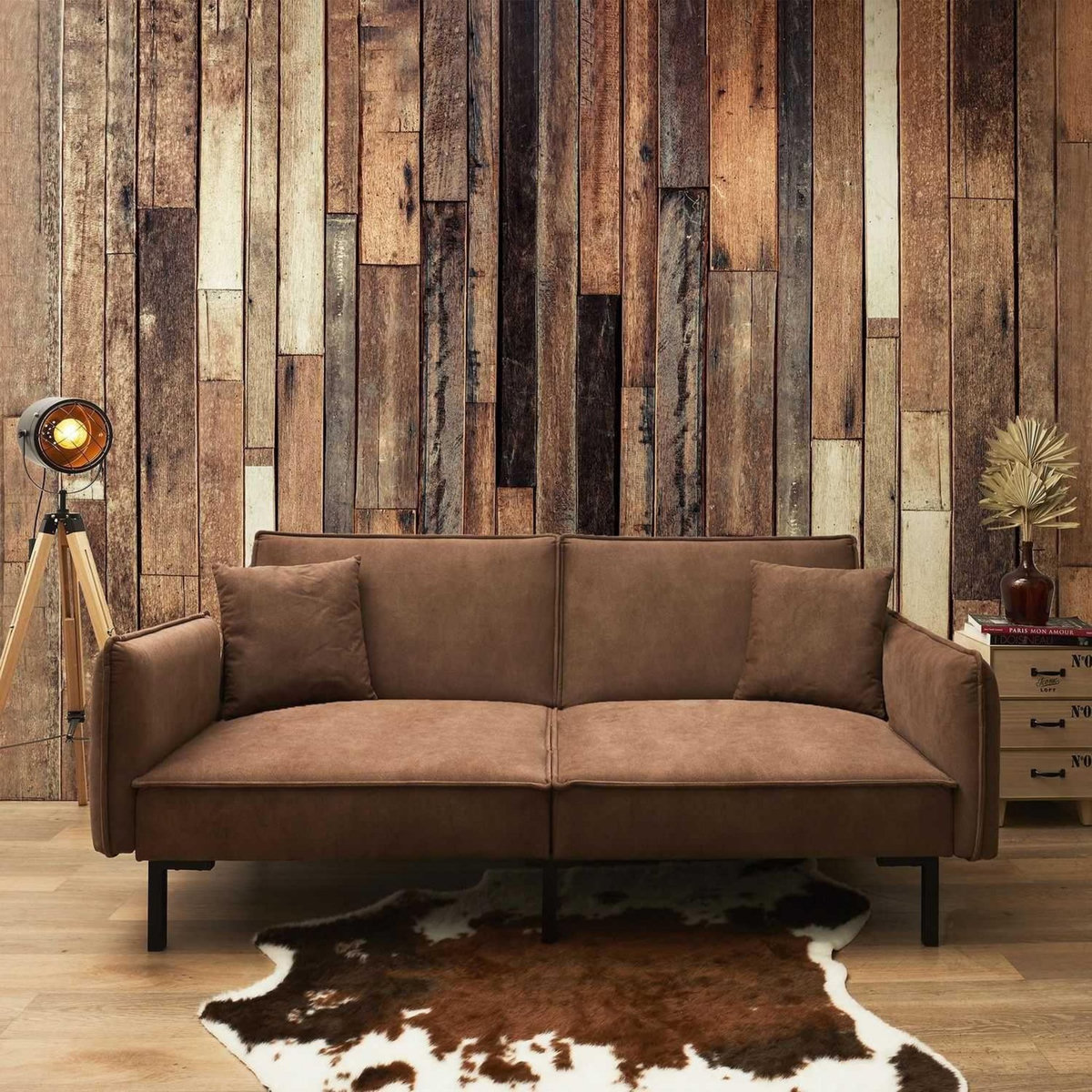 The Home Deco Factory Canapé convertible effet cuir Grimstad - 3 Places - Marron