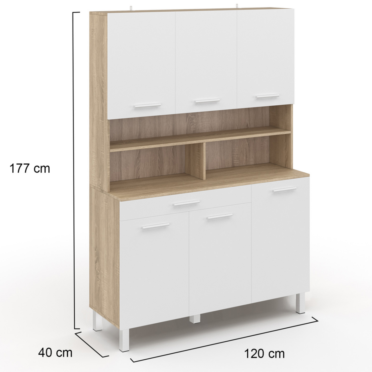 ID MARKET Buffet de cuisine 120 CM CINA 6 portes + tiroir façon hêtre et blanc