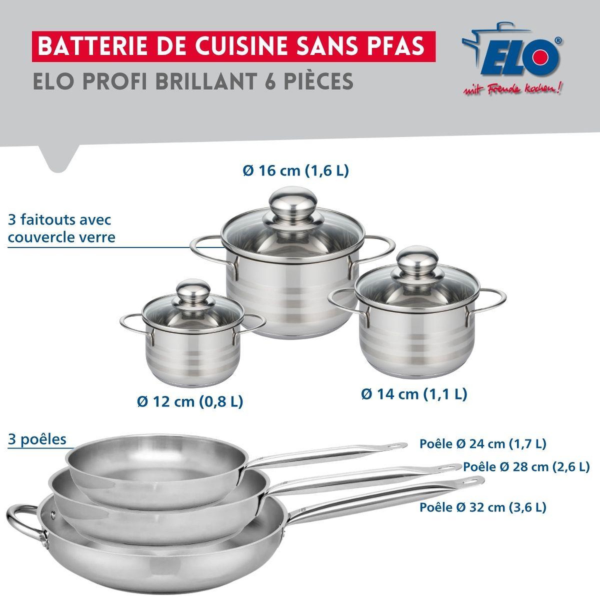 Voir la diapositive 2 : ELO Ensemble de 3 poêles de cuisson 24, 28 et 32 cm et 3 faitouts 12, 14 et 16 cm elo profi brillant
