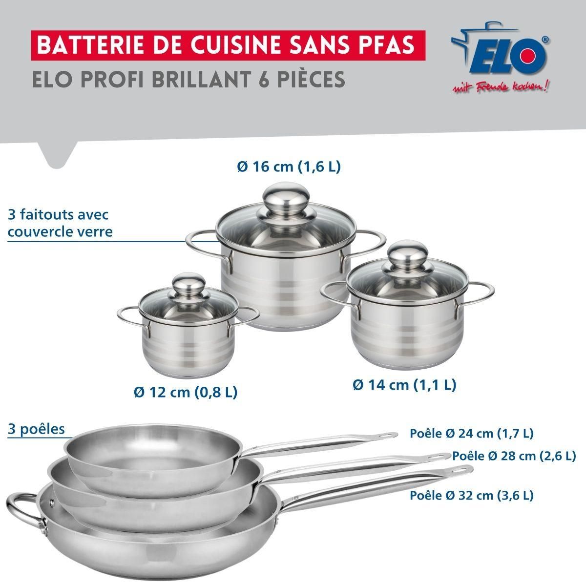 ELO Ensemble de 3 Poêles de cuisson 24, 28 et 32 cm et 3 faitouts 12, 14 et 16 cm Elo Profi Brillant