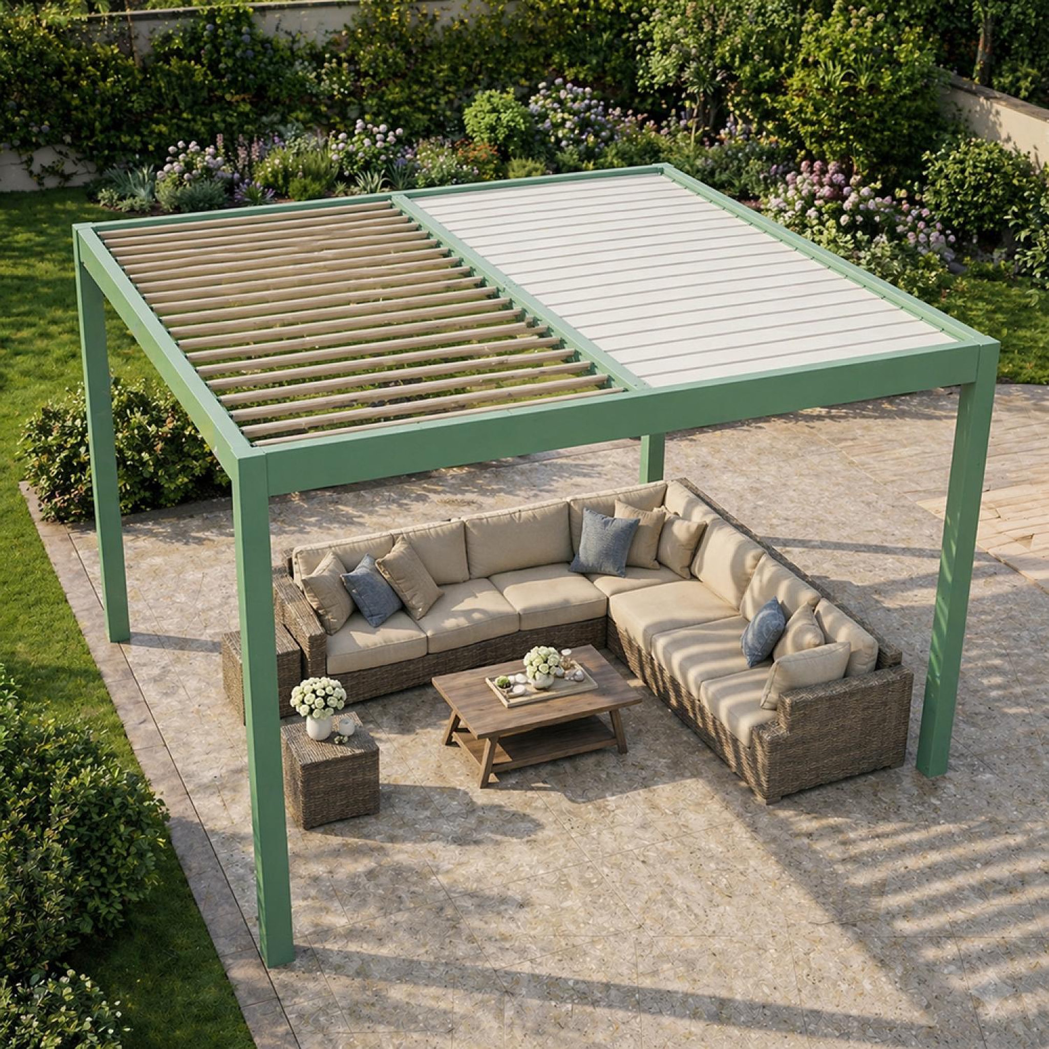 Voir la diapositive 4 : CONCEPT USINE Pergola bioclimatique structure aluminium vert lames orientables 3x3m corfu