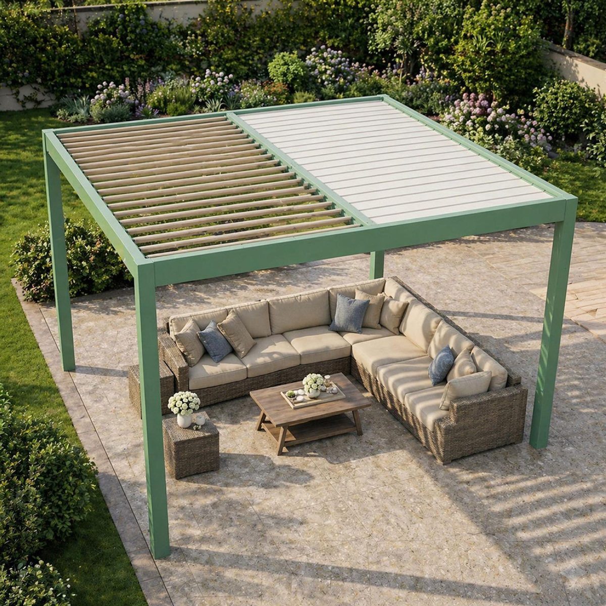 CONCEPT USINE Pergola bioclimatique structure aluminium vert lames orientables 3x3m CORFU