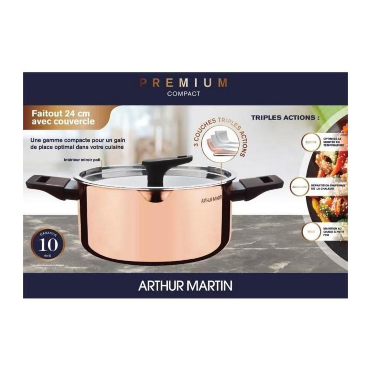 Arthur Martin Faitout 24 cm - ARTHUR MARTIN - AM945GT - 3 couches triple action : cuivre, aluminium, inox - Tous feux dont induction