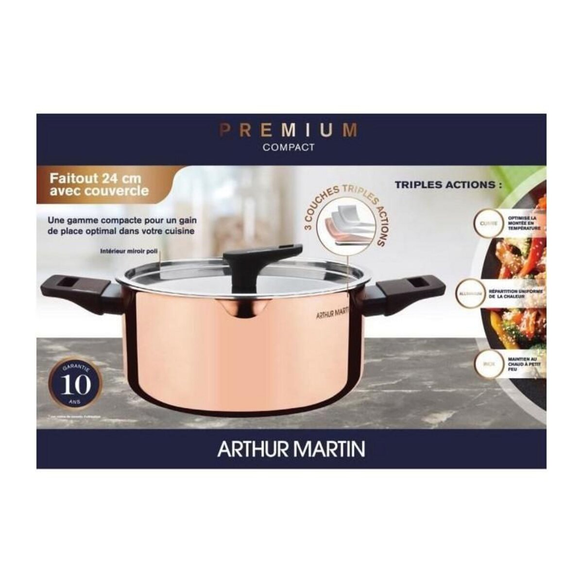 Arthur Martin Faitout 24 cm - ARTHUR MARTIN - AM945GT - 3 couches triple action : cuivre, aluminium, inox - Tous feux dont induction