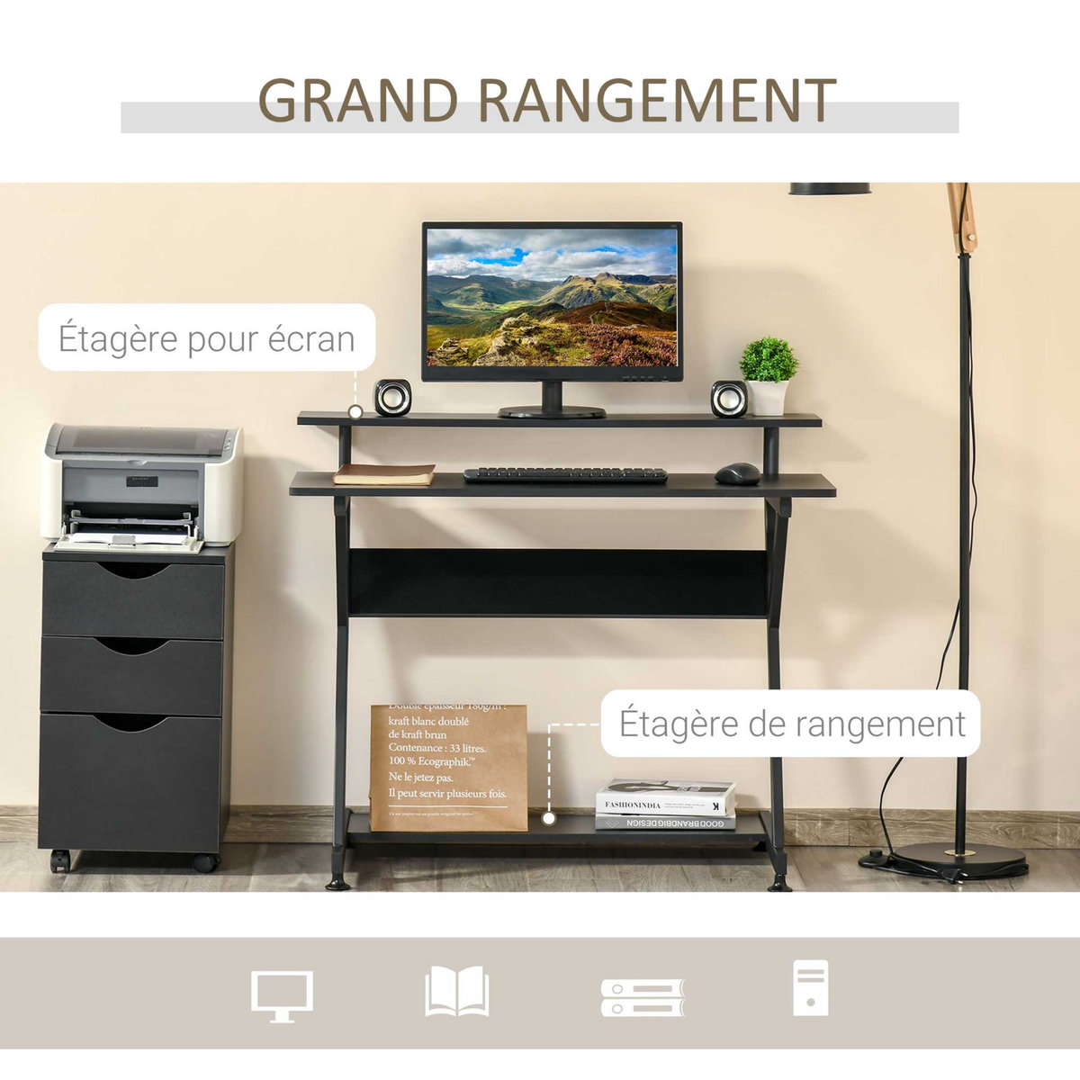 HOMCOM Bureau informatique gamer avec étagères dim. 100L x 60l x 85,5H cm MDF métal noir