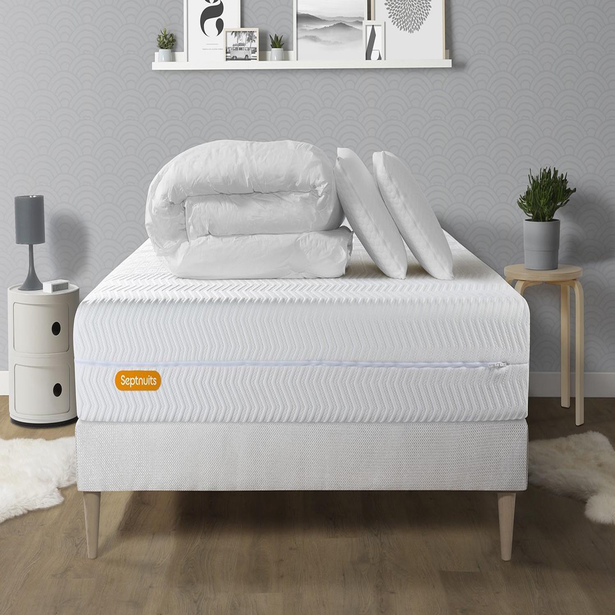 SEPTNUITS PACK Matelas + sommier kit blanc Memo Bio Mousse à mémoire de forme Maxi épaisseur + Couette + 2 oreillers. Coloris disponibles : Blanc