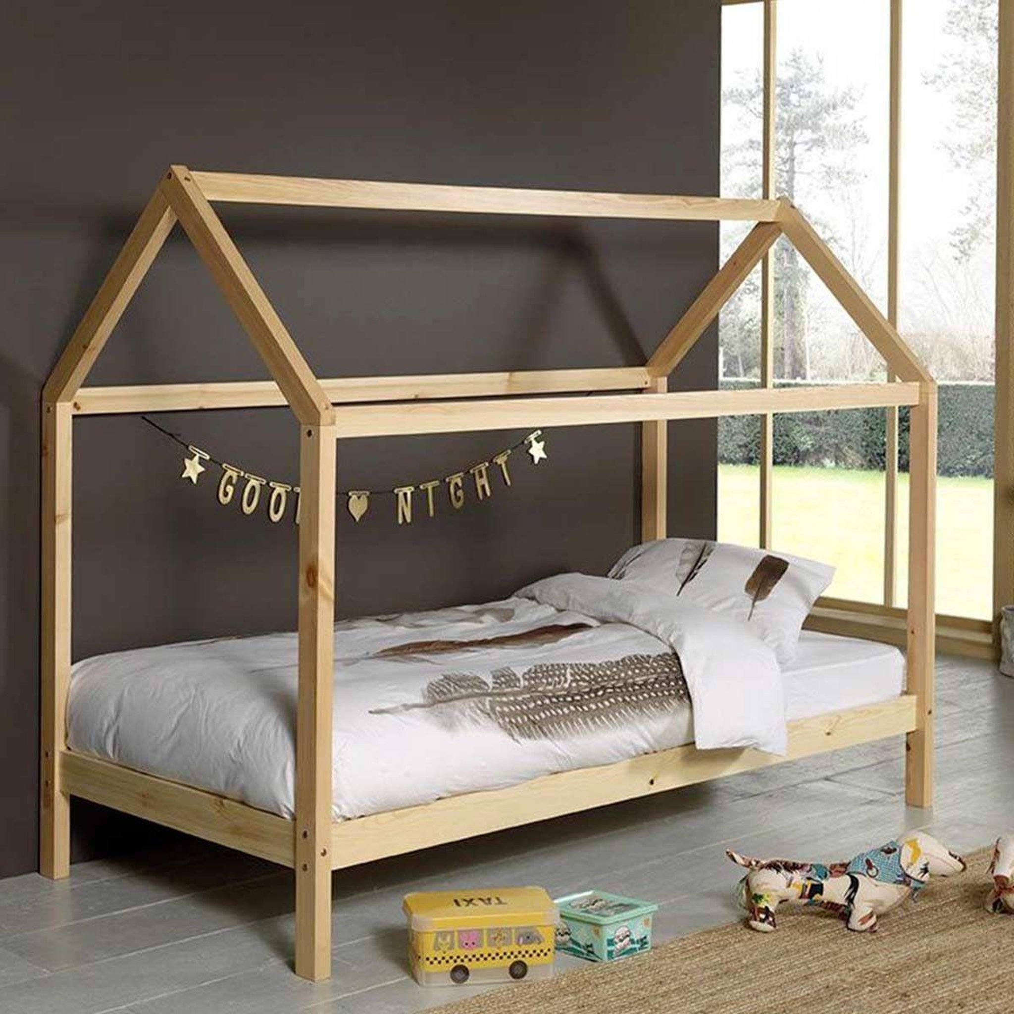 Paris Prix Pack - lit cabane enfant & matelas  dallas  90x200cm naturel