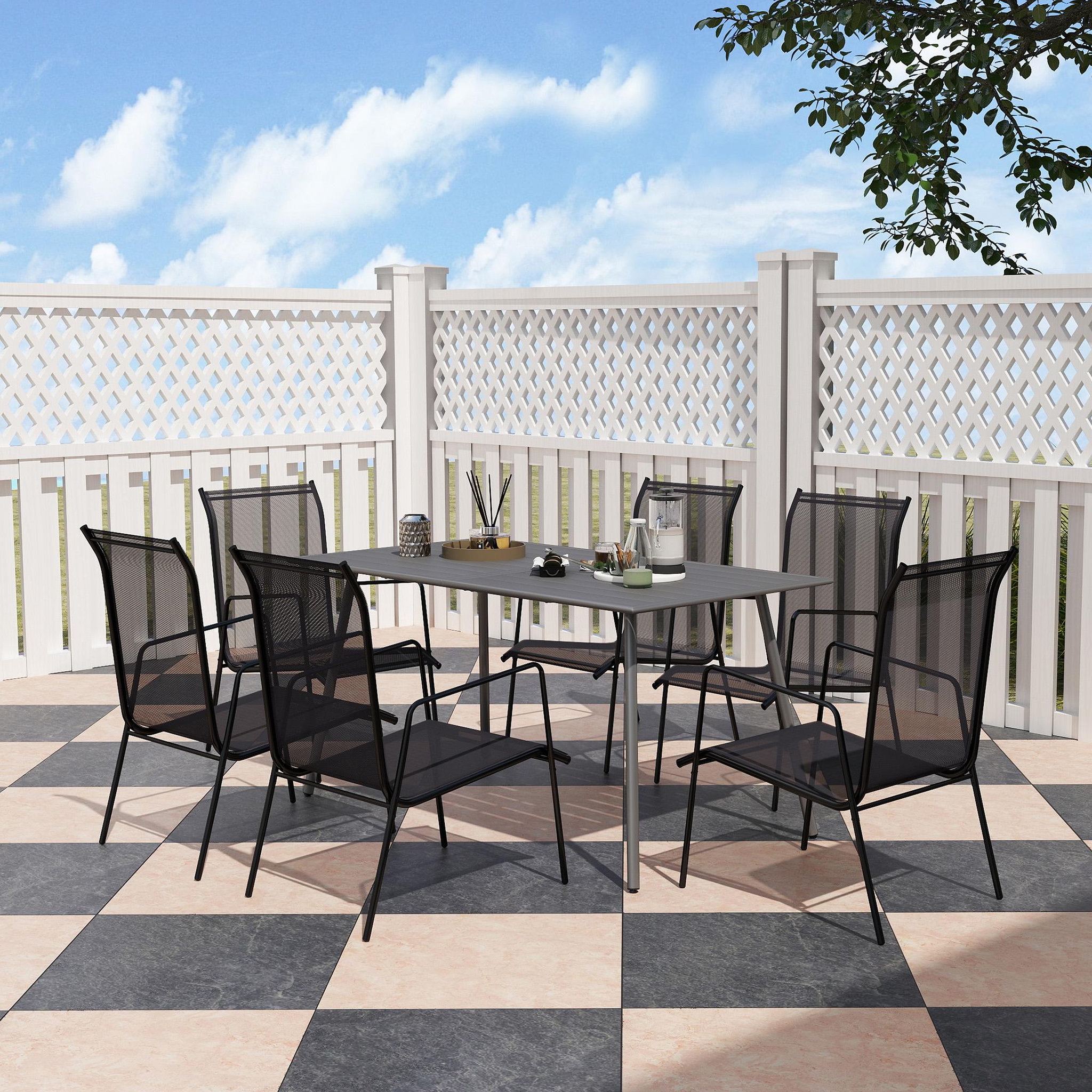 Voir la diapositive 2 : OUTSUNNY Table à manger de jardin 6 personnes dim. 150 x 80 x 74 cm plateau à lattes acier époxy gris