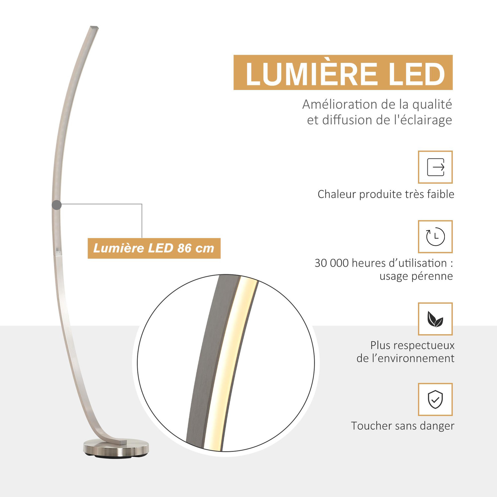 Voir la diapositive 6 : HOMCOM HOMCOM Lampadaire design LED argent dim. 50L x 23l x H149 cm