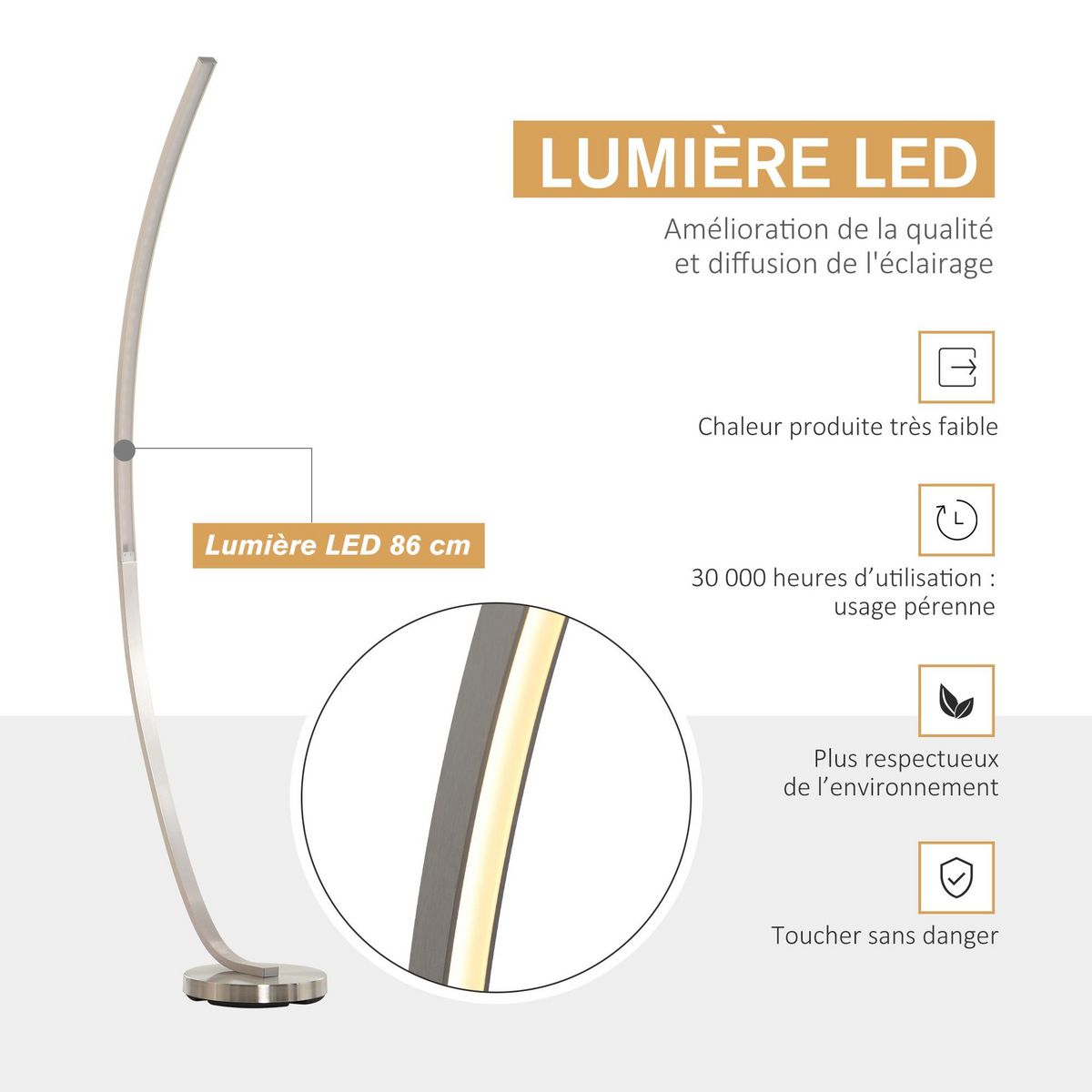 HOMCOM HOMCOM Lampadaire design LED argent dim. 50L x 23l x H149 cm