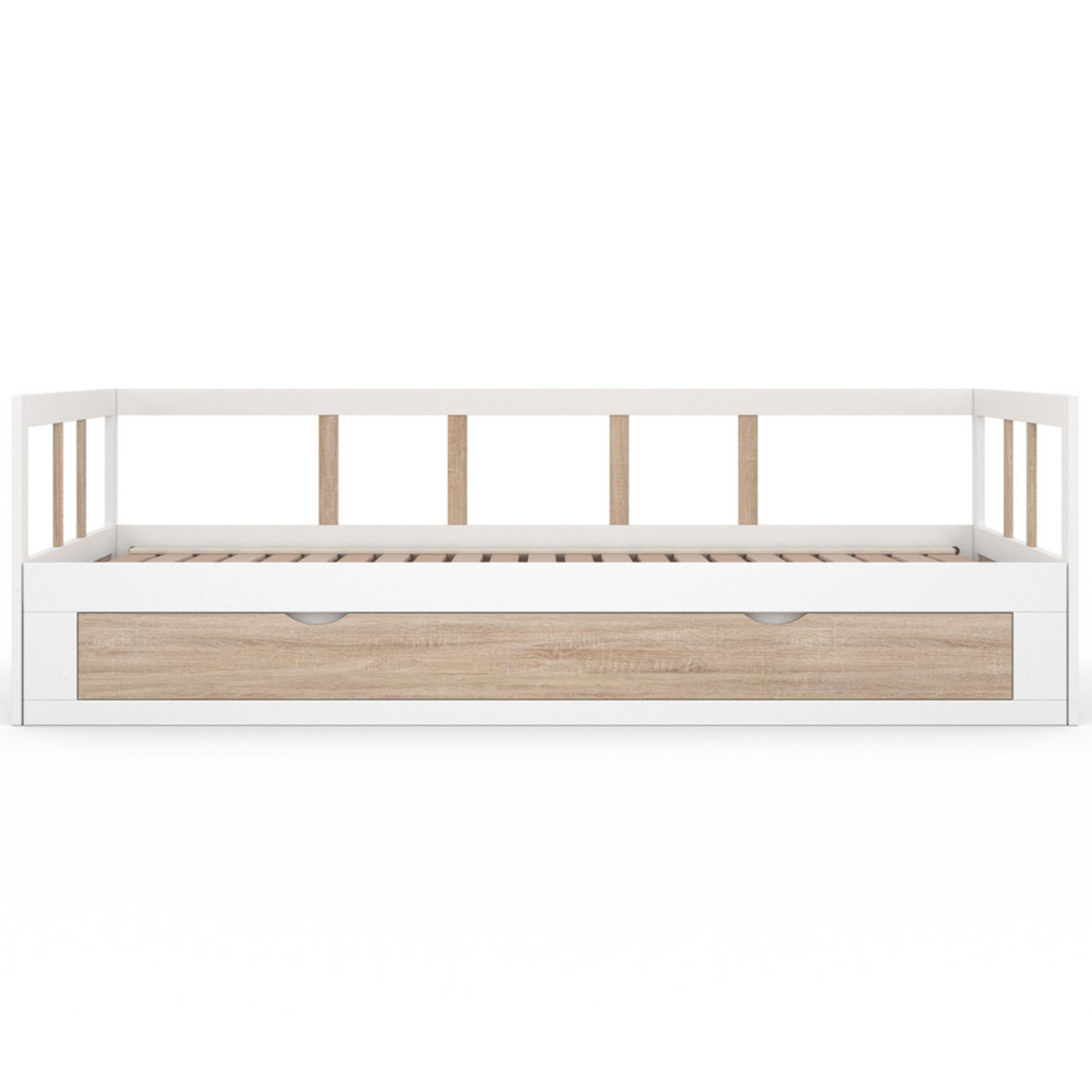 ID MARKET Lit banquette 90 x 190 cm ZOYA convertible 180 x 190 cm blanc et hêtre avec 1 tiroir de rangement