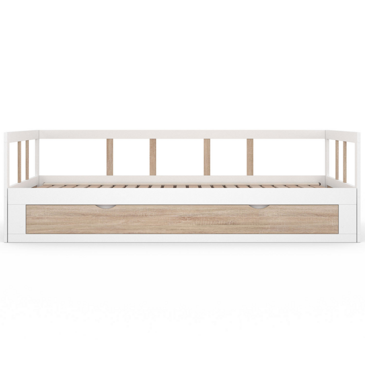 ID MARKET Lit banquette 90 x 190 cm ZOYA convertible 180 x 190 cm blanc et hêtre avec 1 tiroir de rangement