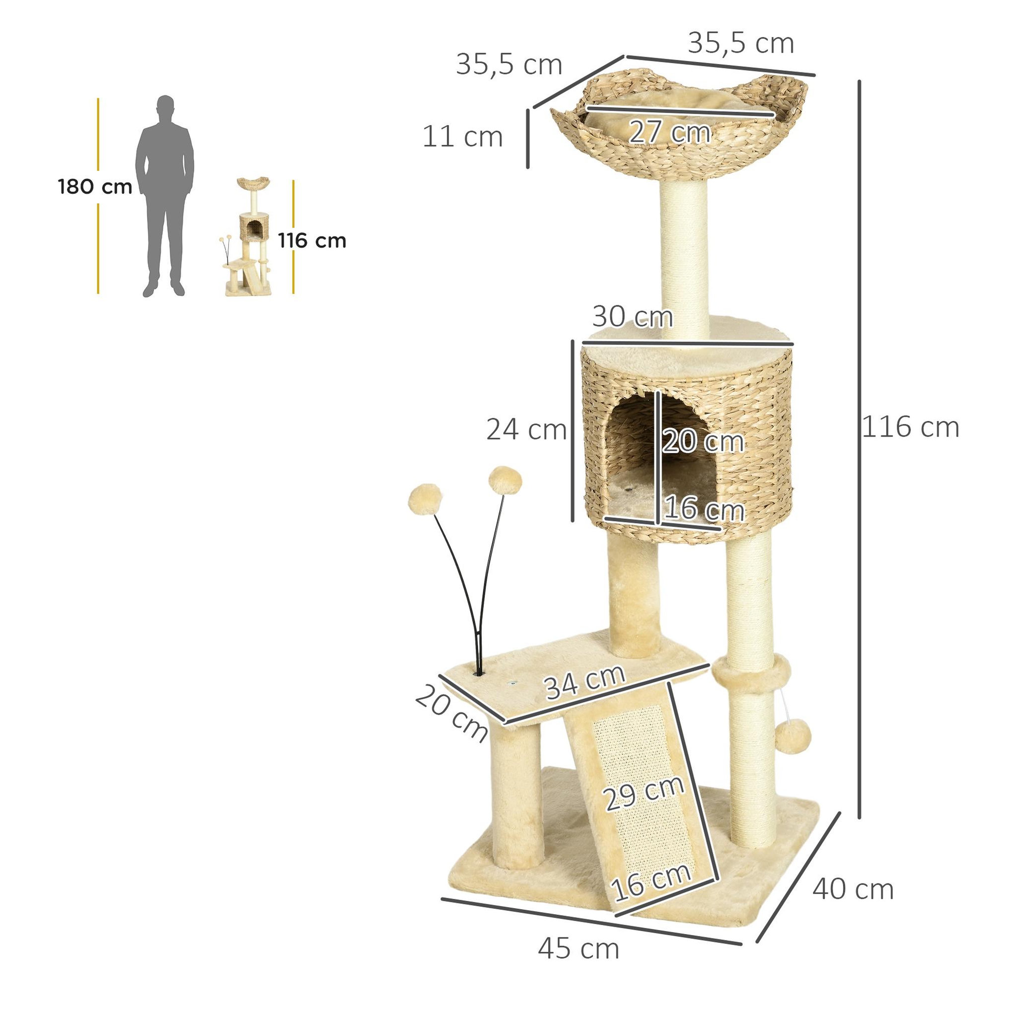 Voir la diapositive 3 : PAWHUT Arbre à chat style cosy chic griffoirs grattoir sisal naturel équipement multiple peluche jacinthe d'eau beige