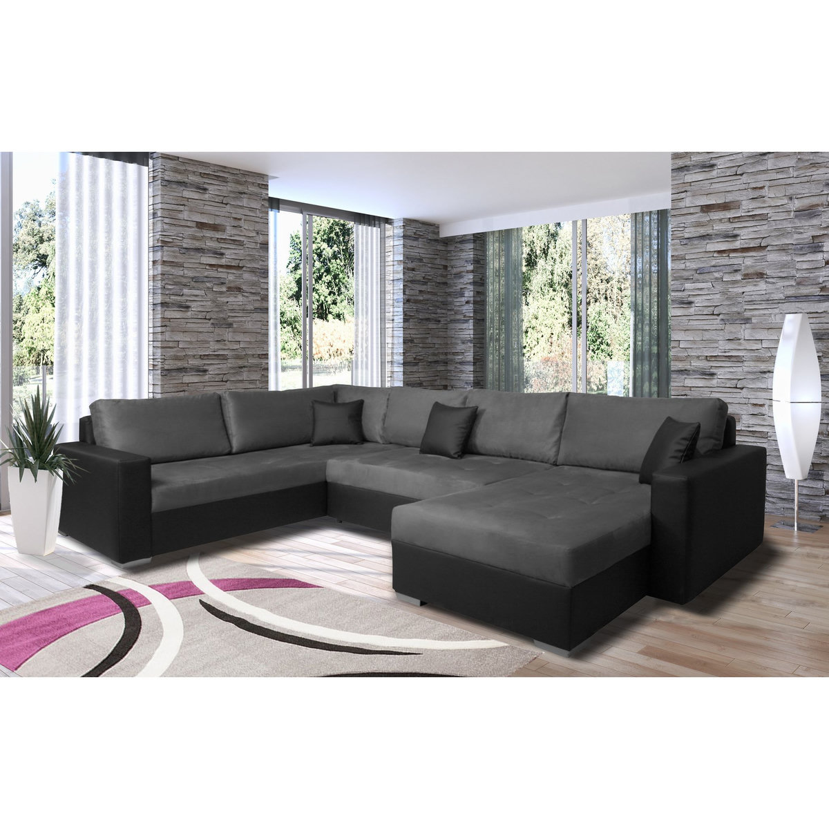 Canapé d'angle gauche panoramique convertible 5 places tissu simili avec coffre MAGNUS