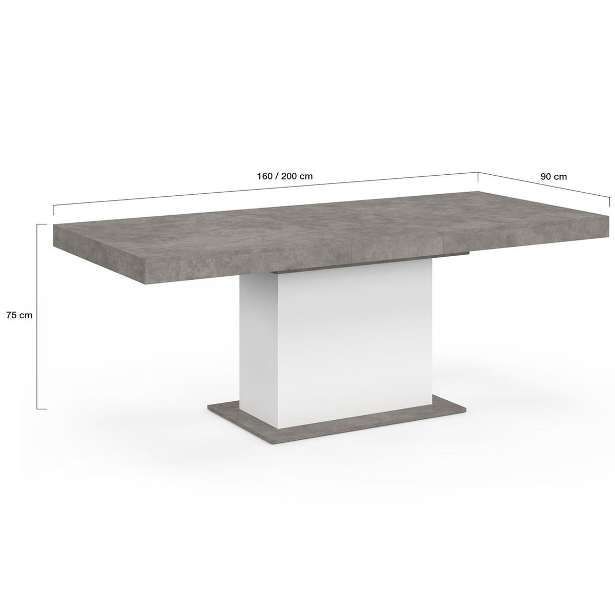 ID MARKET Table à manger extensible rectangle EDEN 6-10 personnes béton et blanc 160-200 cm