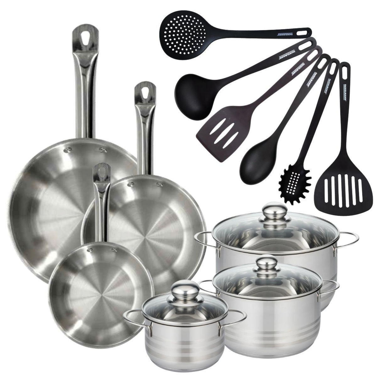 Fackelmann Set 3 poêles 20 24 28 cm en inox, 3 faitouts inox 16, 20 et 24 cm et 6 ustensiles RPET Fackelmann Eterna