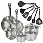 Fackelmann Set 3 poêles 20 24 28 cm en inox, 3 faitouts inox 16, 20 et 24 cm et 6 ustensiles RPET Fackelmann Eterna