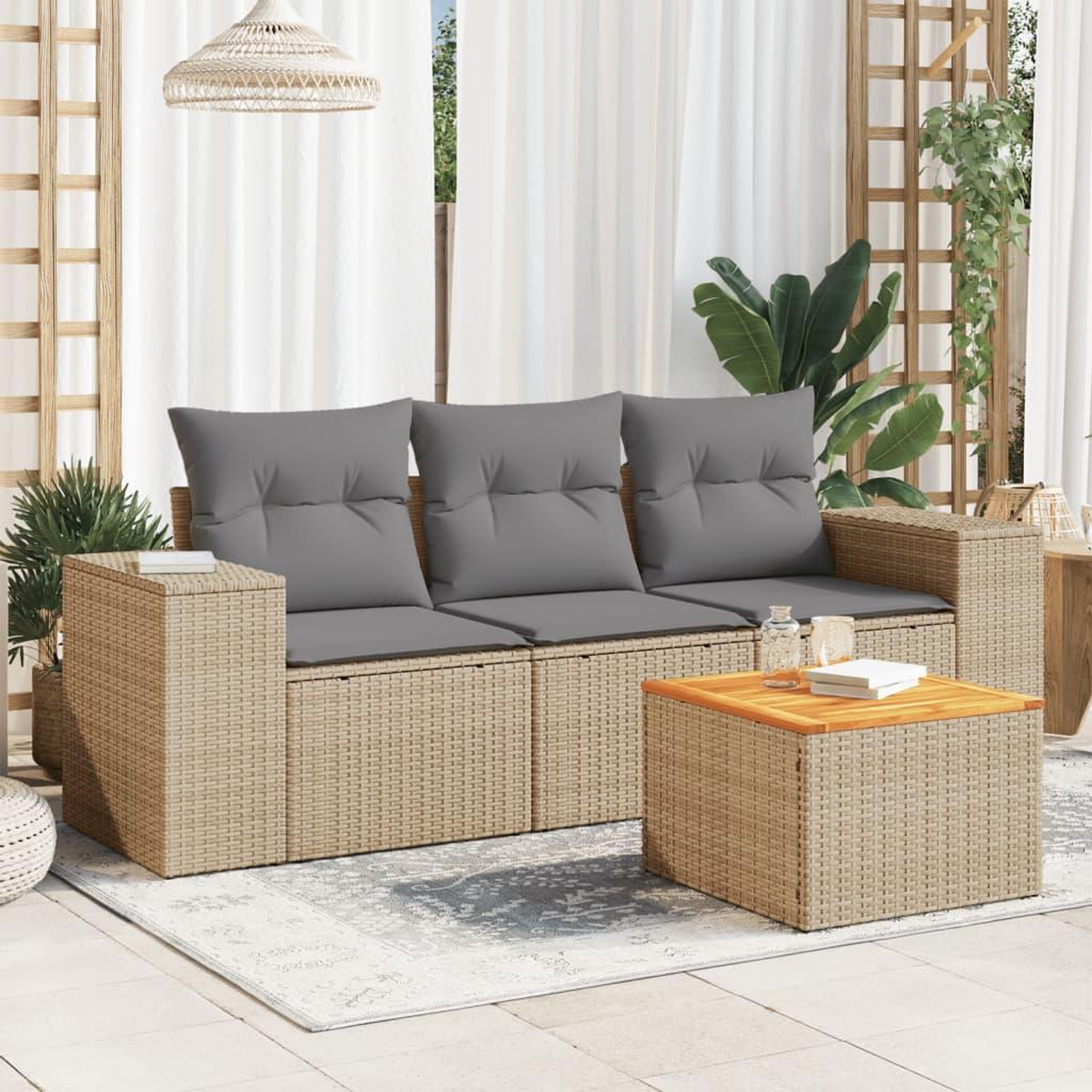 VIDAXL Salon de jardin avec coussins 4 pcs beige resine tressee